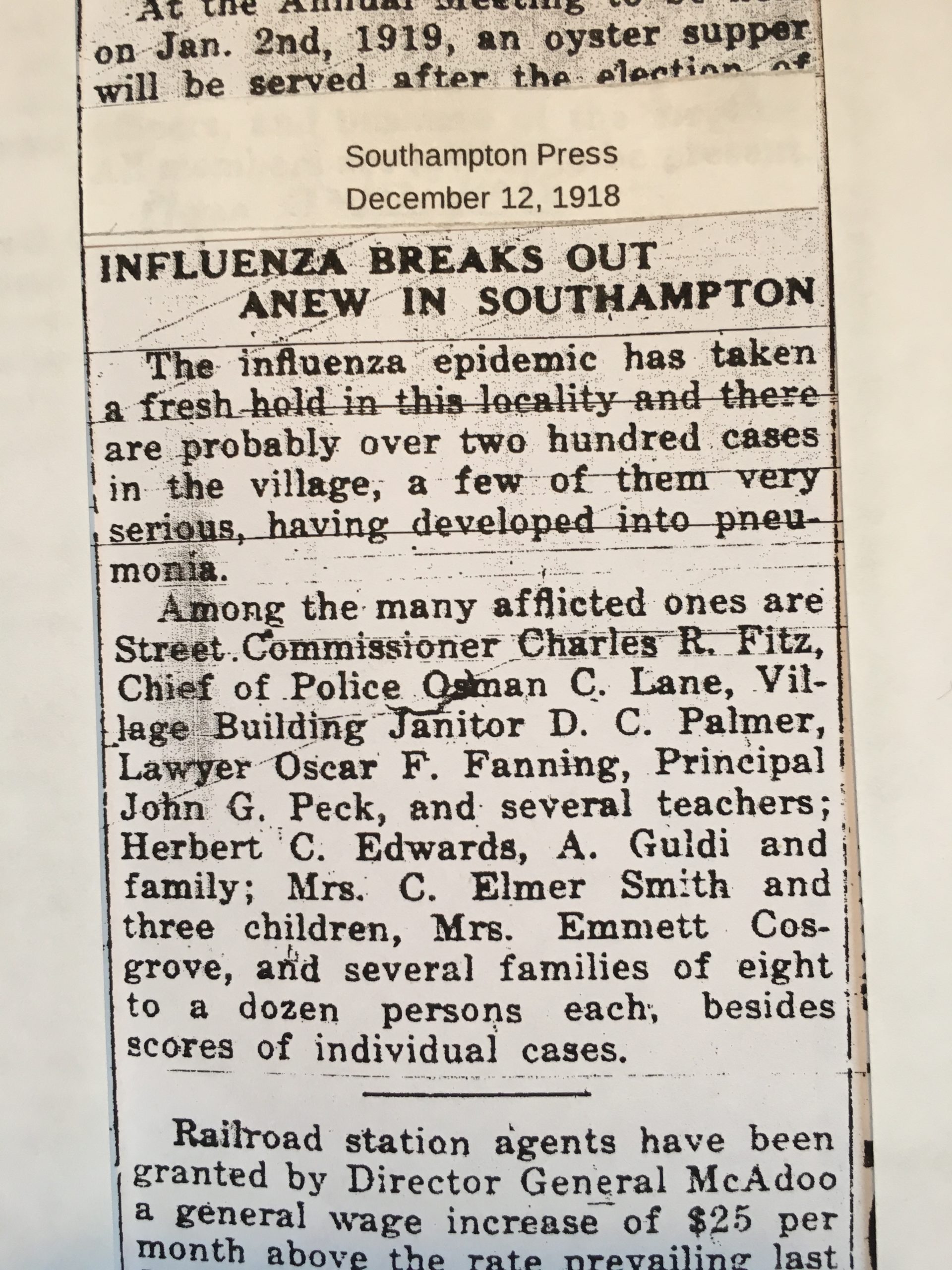 The December 12, 1918, edition of The Southampton Press, announcing the new wave of influenza.