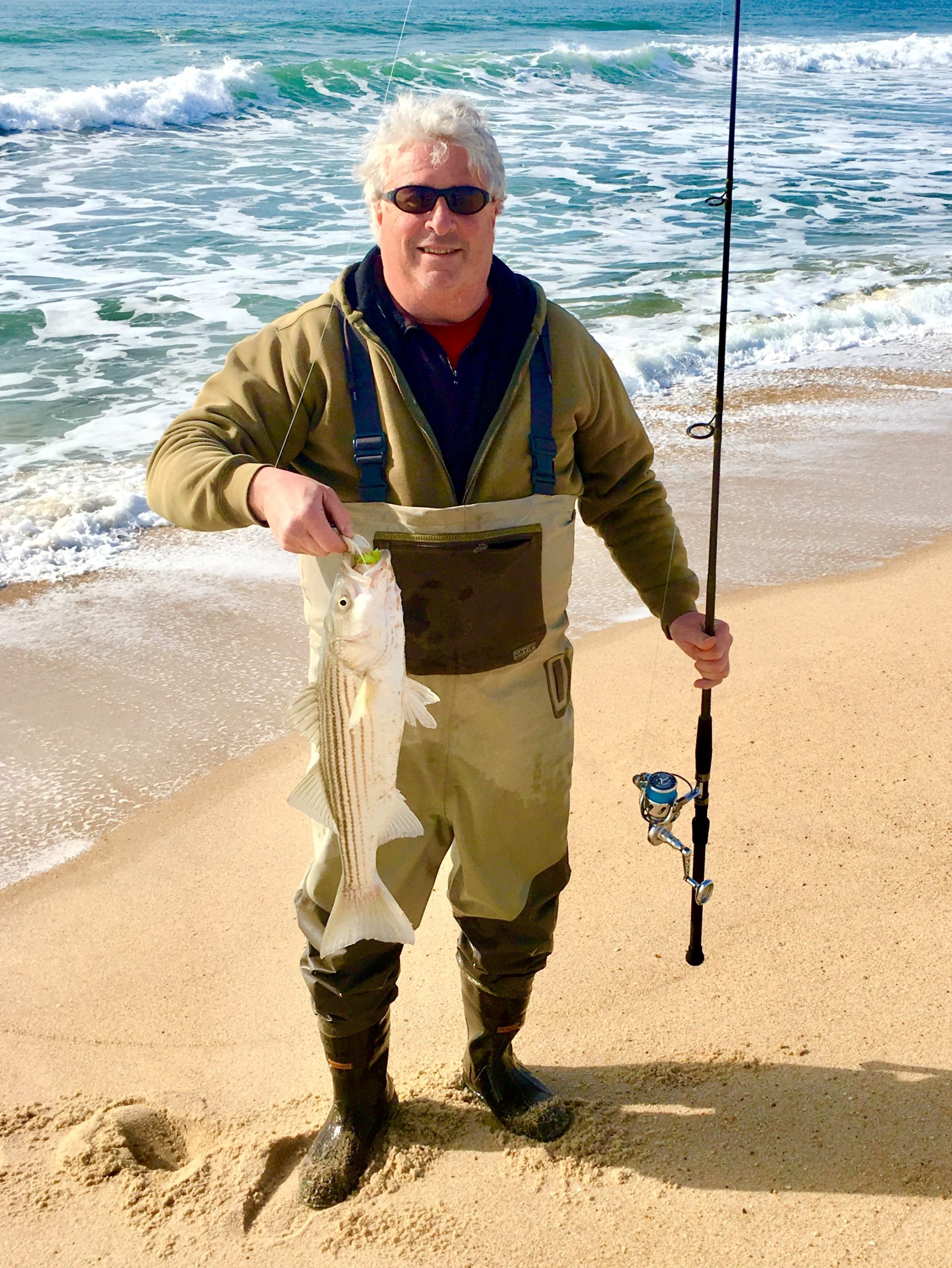 Adam Flax with one of the many small striped bass that are now roaming the South Fork surf. 