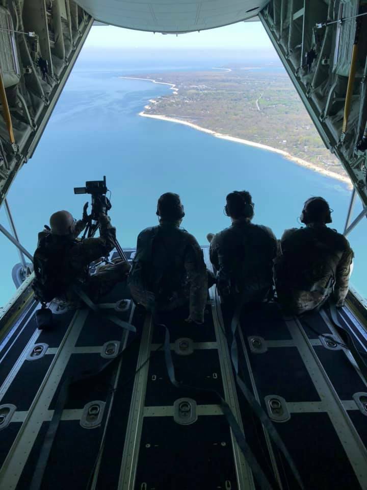 Guardsmen take in the view during the tribute to hospital workers. 