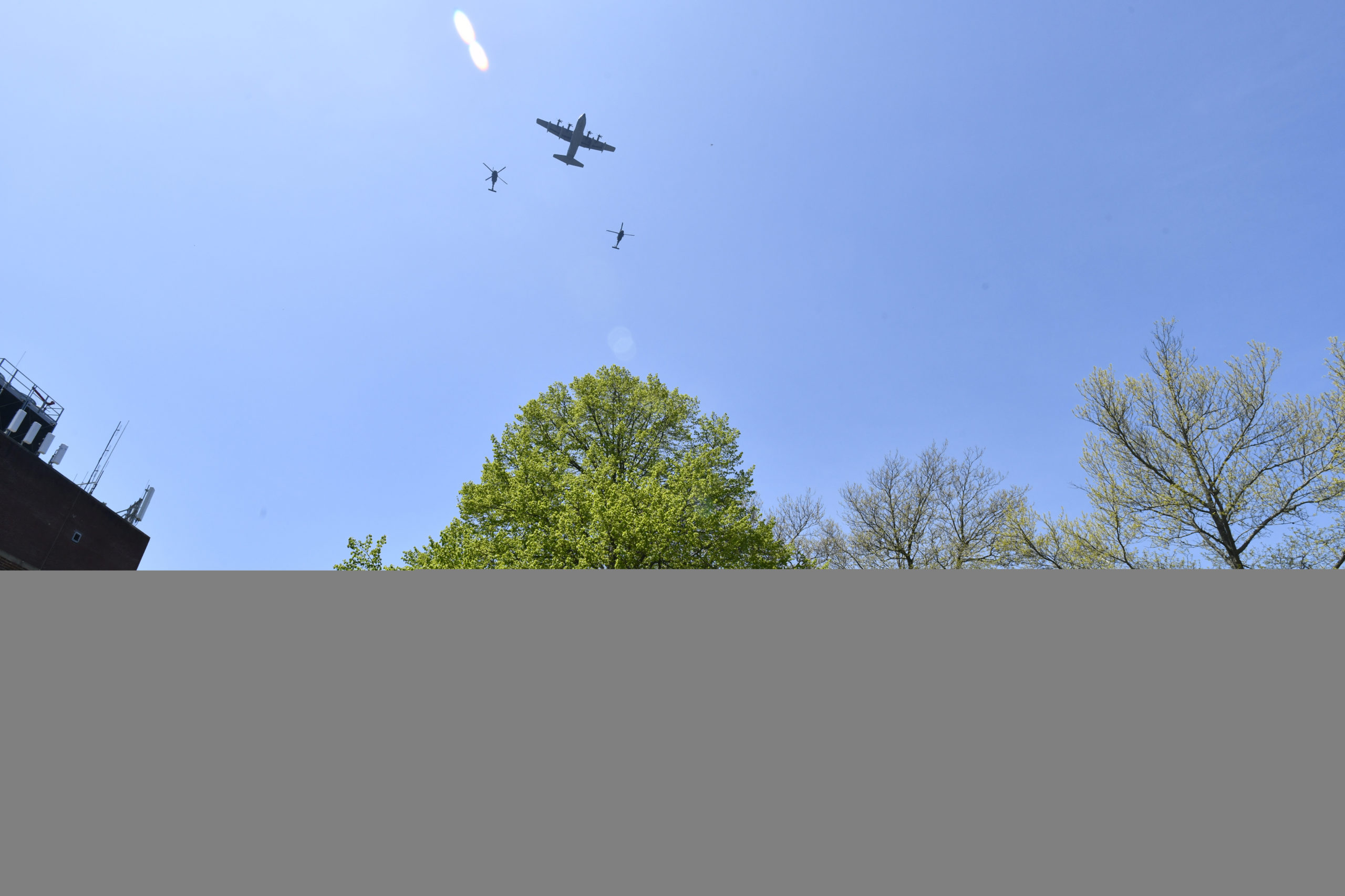 Aircraft from the 106th Rescue Wing, based at Gabreski Airport in Westhampton, fly over Stony Brook Southampton Hospital on Firday afternoon.   DANA SHAW