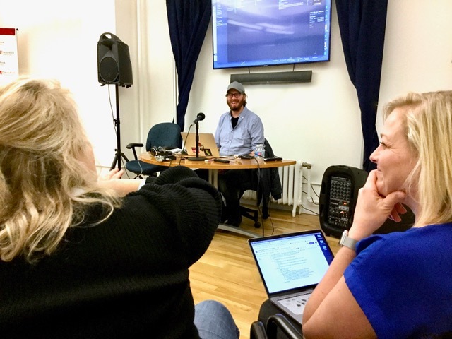 Sound designer John Delore of Stitcher, Gimlet Media and WNYC with Southampton campus students Kim Folks (left) and Kate Fullam (right). 