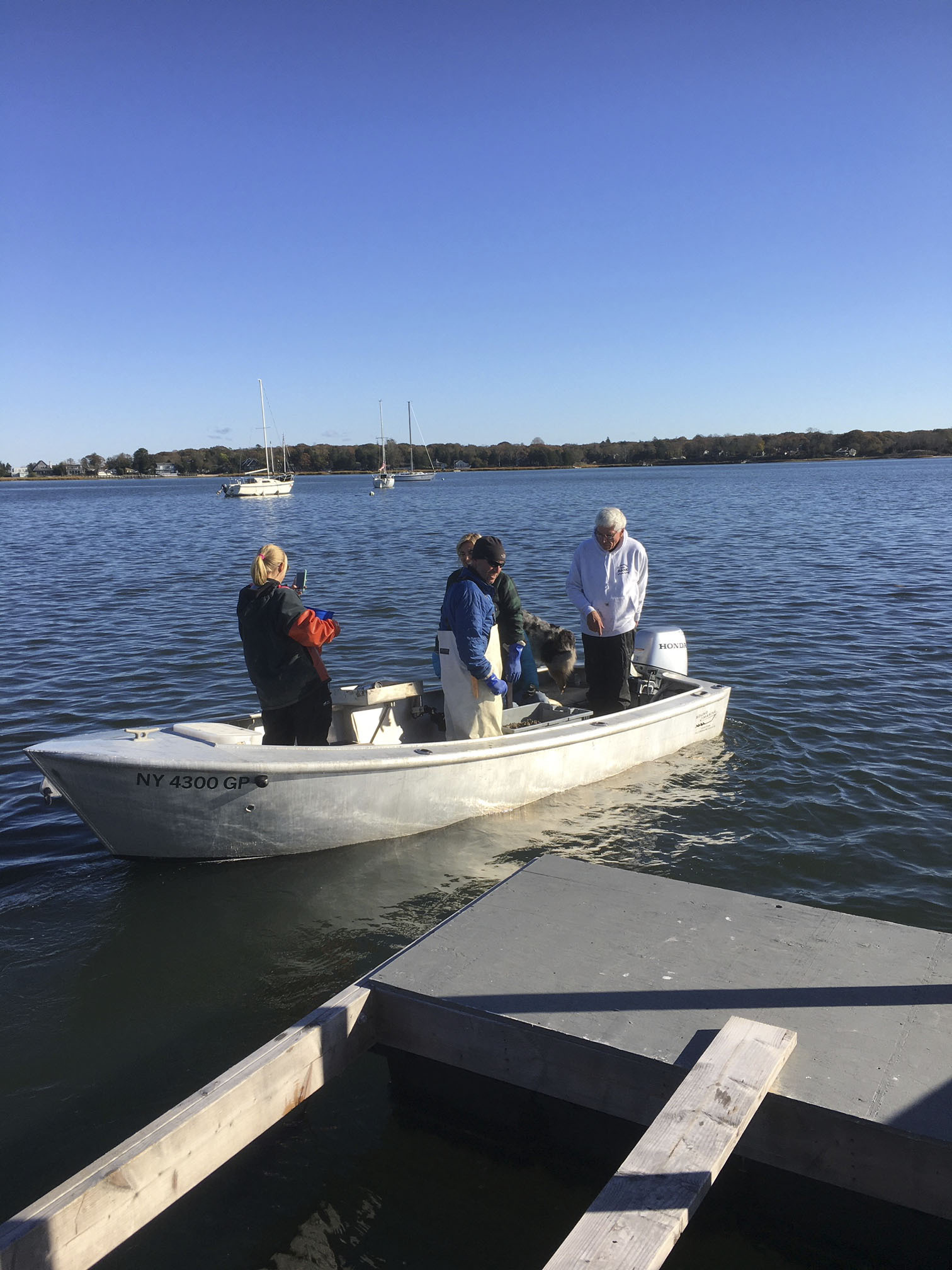 CPS Board Member Connie Claman, CPS Vice President Barley Dunne, Ashley Oliver, CPS Board Member Donna Olsen and Southampton Town Trustee Bill Pell head out into the bay to seed oysters.   COURTESY ASHLEY OLIVER