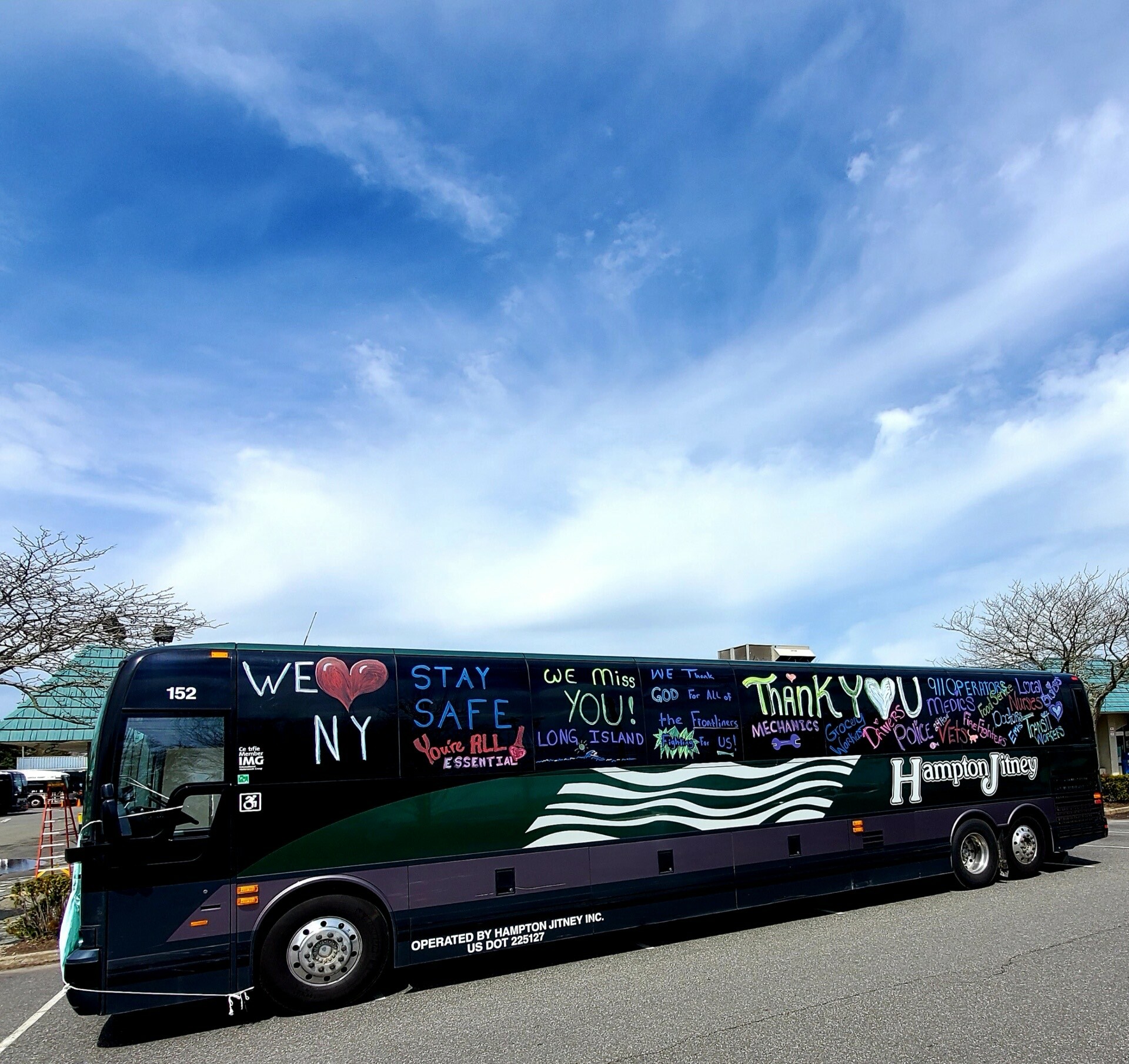 The Hampton Jitney decorated one of its buses to show the company's thanks to essential workers. COURTESTY HAMPTON JITNEY
