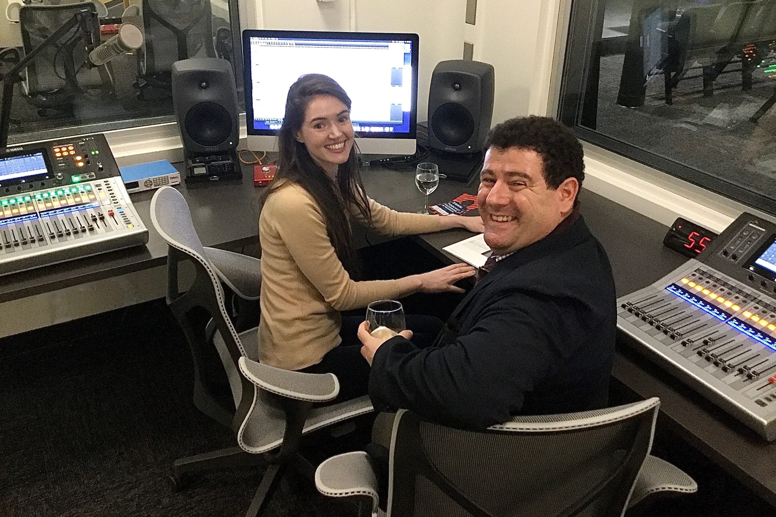 Podcast fellows Deanna Buckman and Meron Langsner try out the equipment in the new David Rakoff Studio at Stony Brook Southampton.