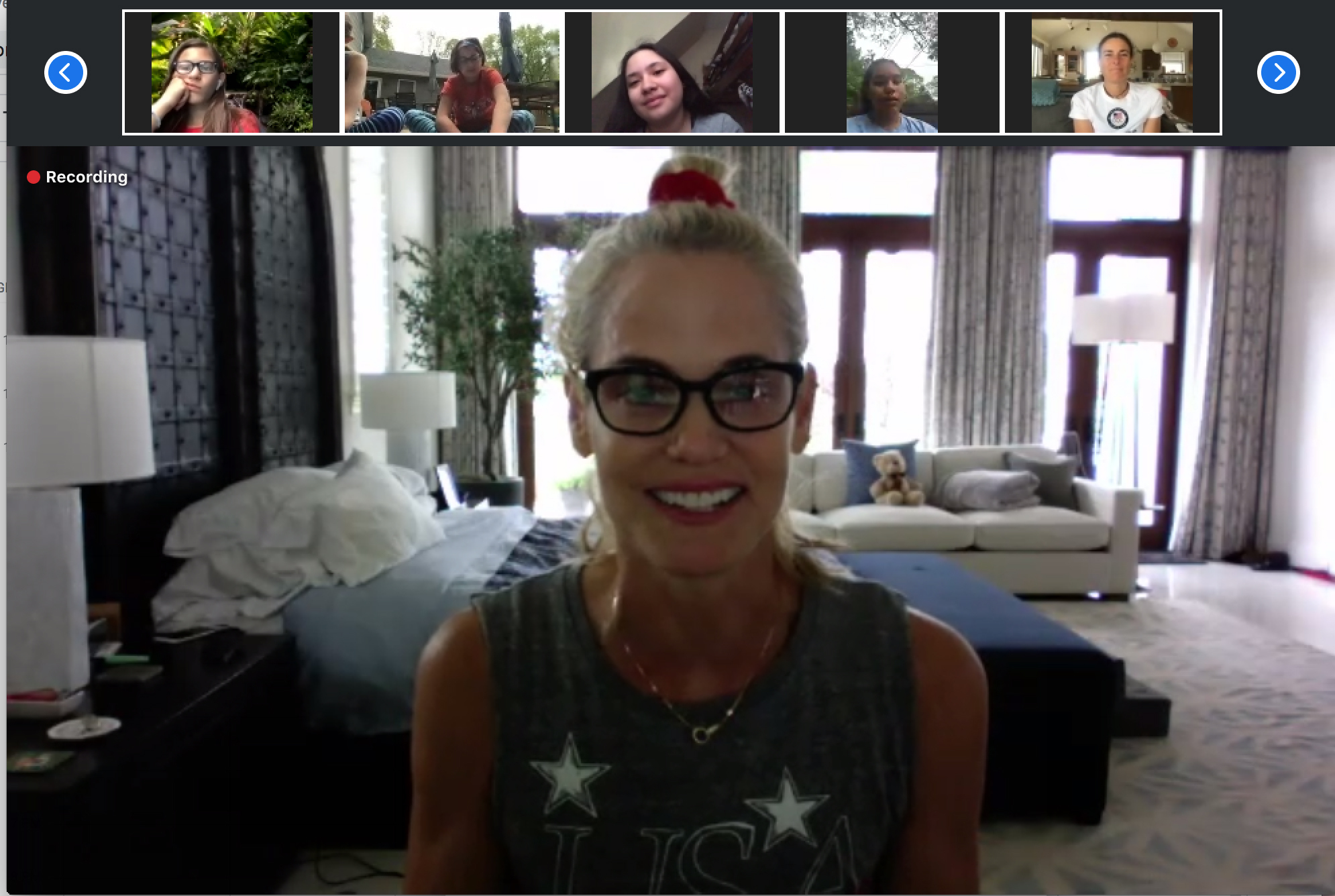 Olympian Dara Torres attends an i-tri meeting via Zoom on Saturday to encourage the participants in this year's virtual triathathon.