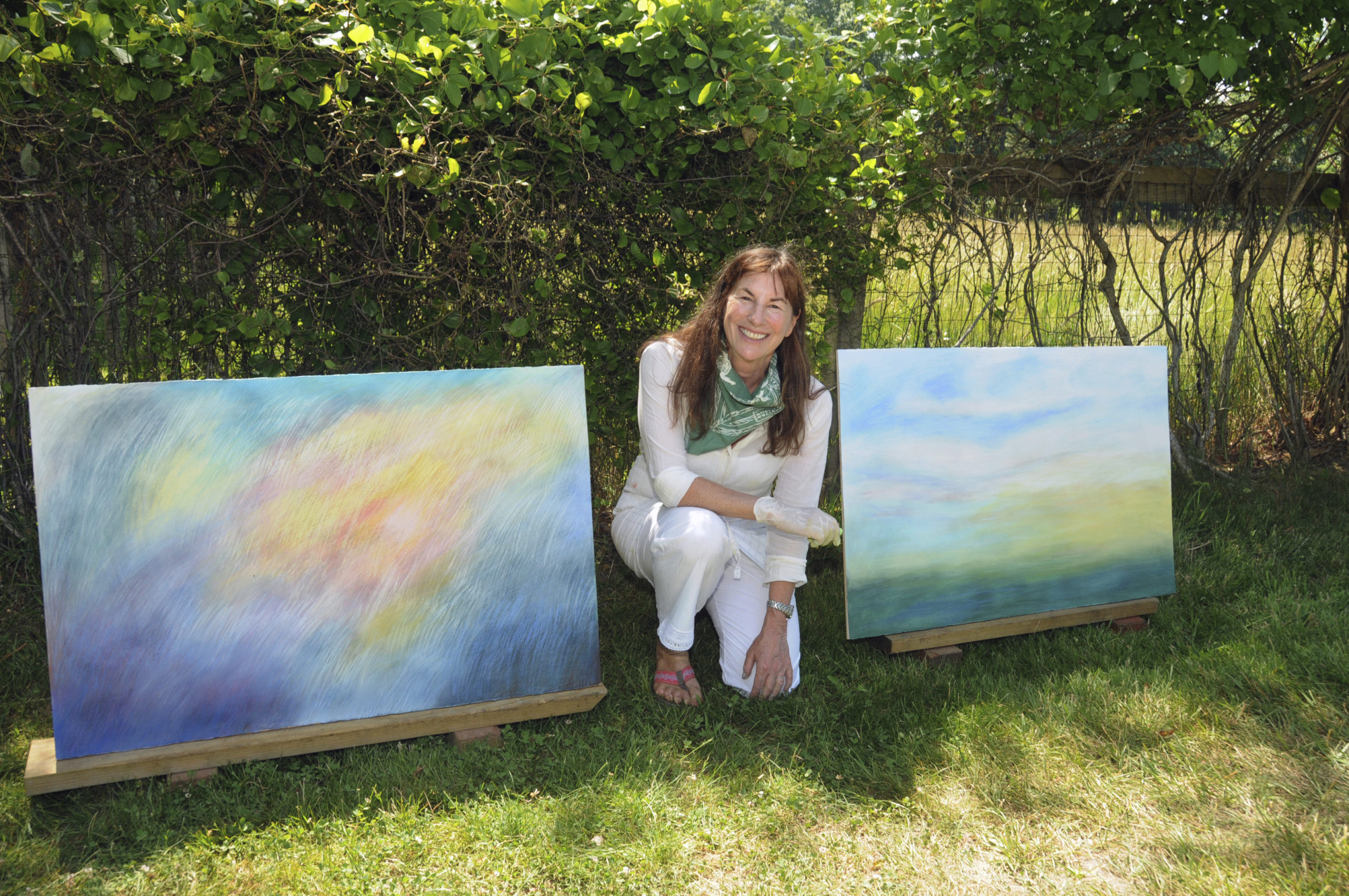East Hampton Artist Barbara Thomas, along with 70 other EH Artists, set up her drive-by pop-up gallery in front of her home on Saturday for 