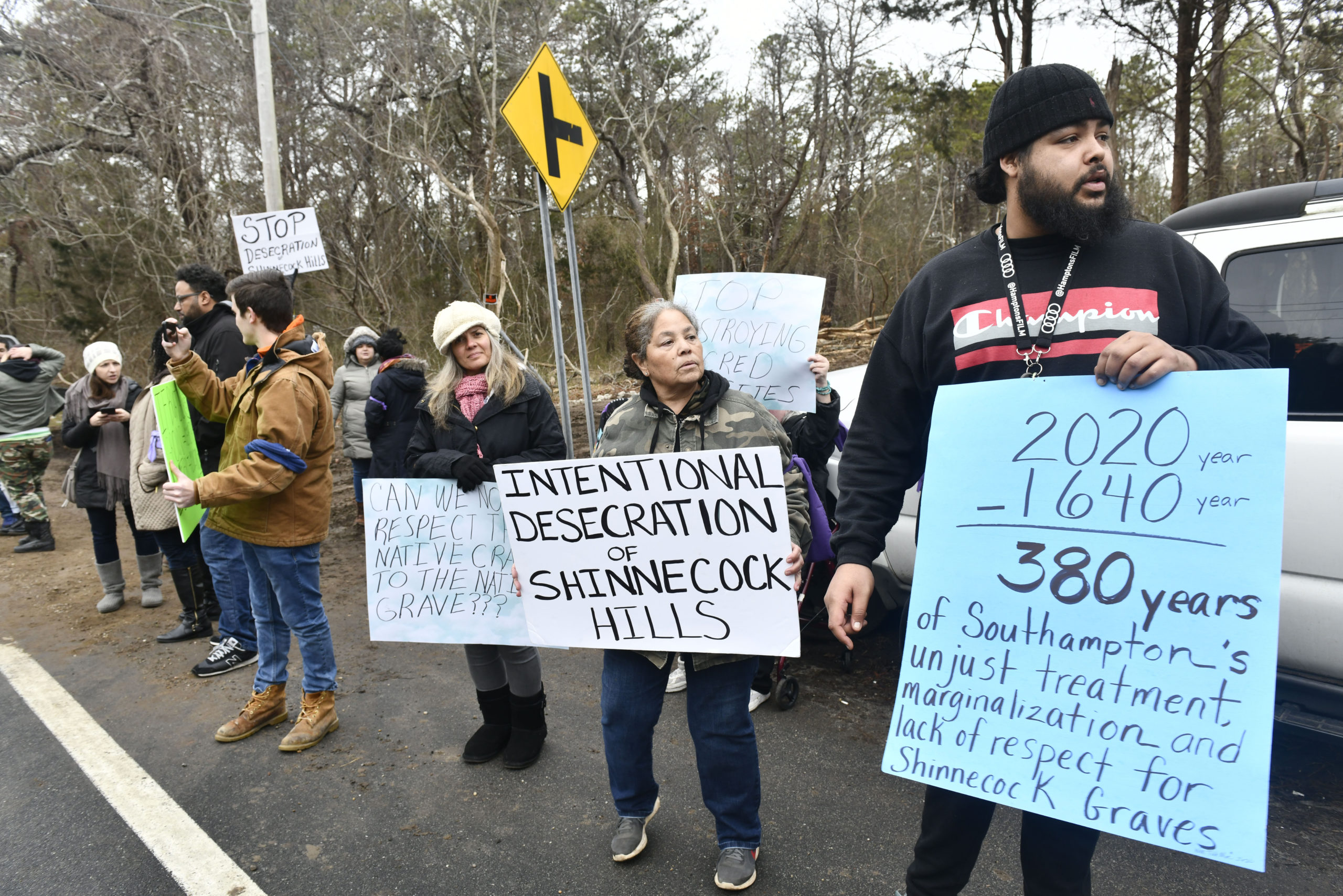 Shinnecock Tribal Members protest in front of a building site on Montauk Highway in Shinnecock Hills in January.  PRESS FILE