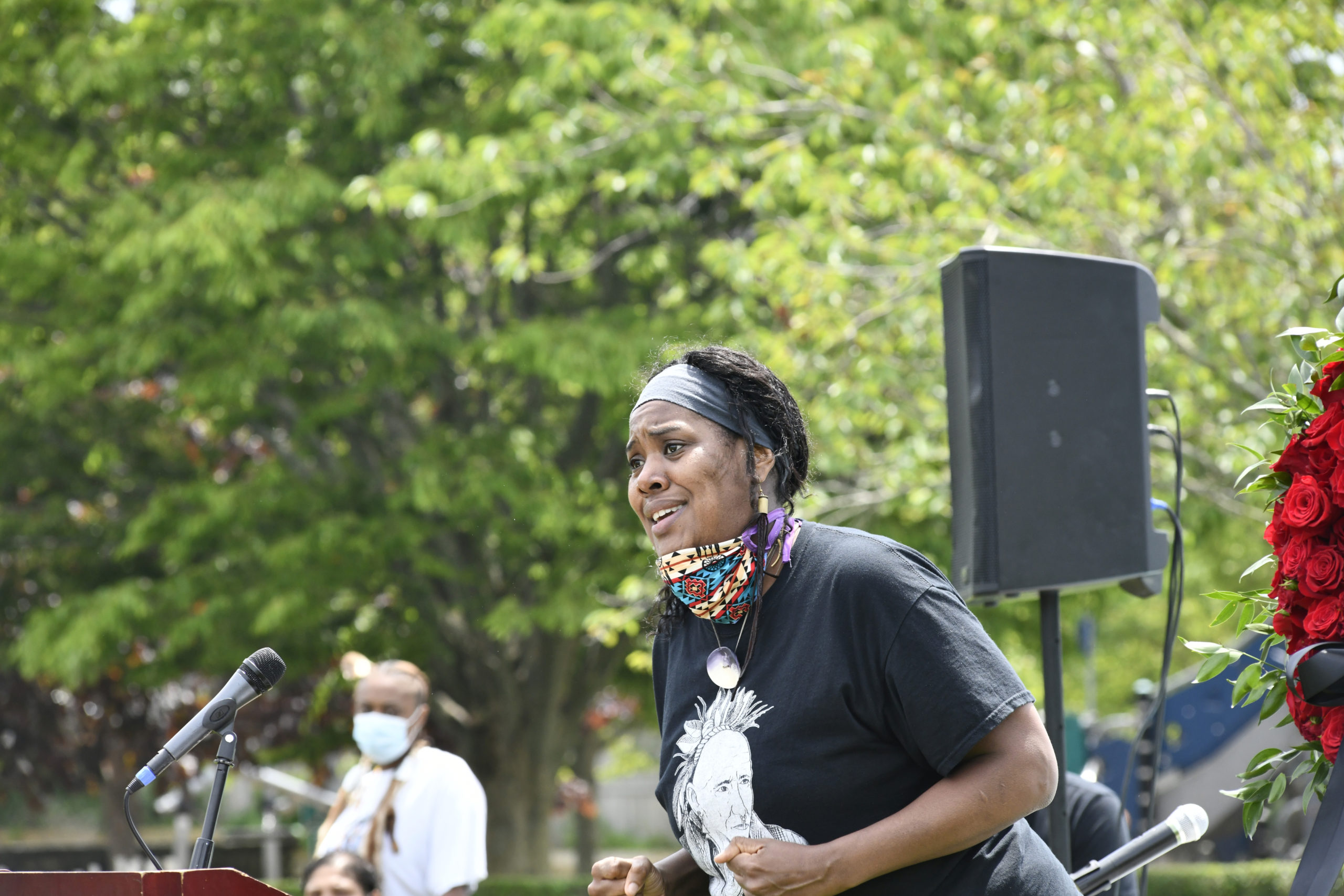 Andrina Smith gave an impassioned speech at the vigil in Agawam Park on Thursday.  DANA SHAW