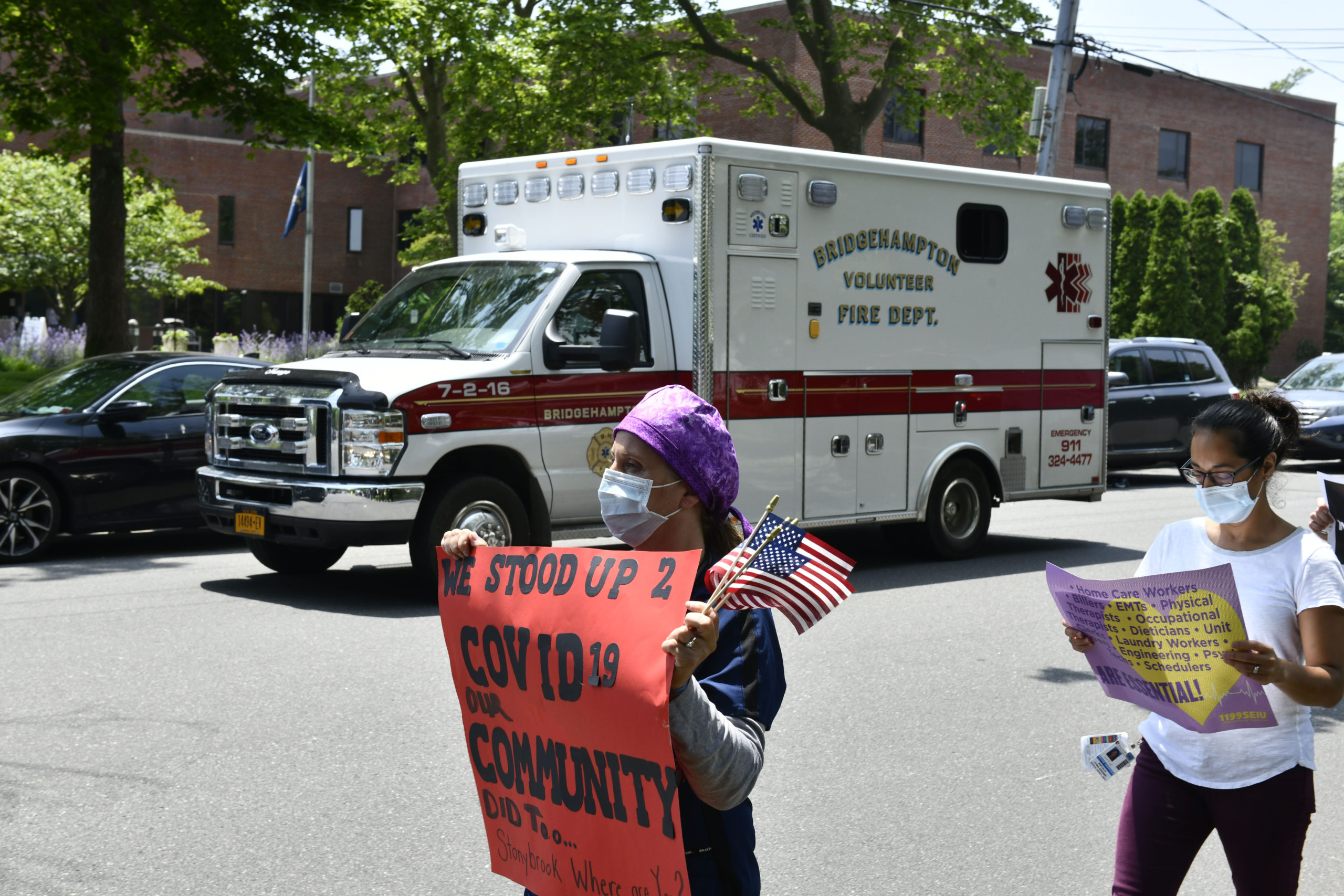 Healthcare workers picket outside of Stony Brook Southampton Hospital on Wednesday afternoon.  DANA SHAW