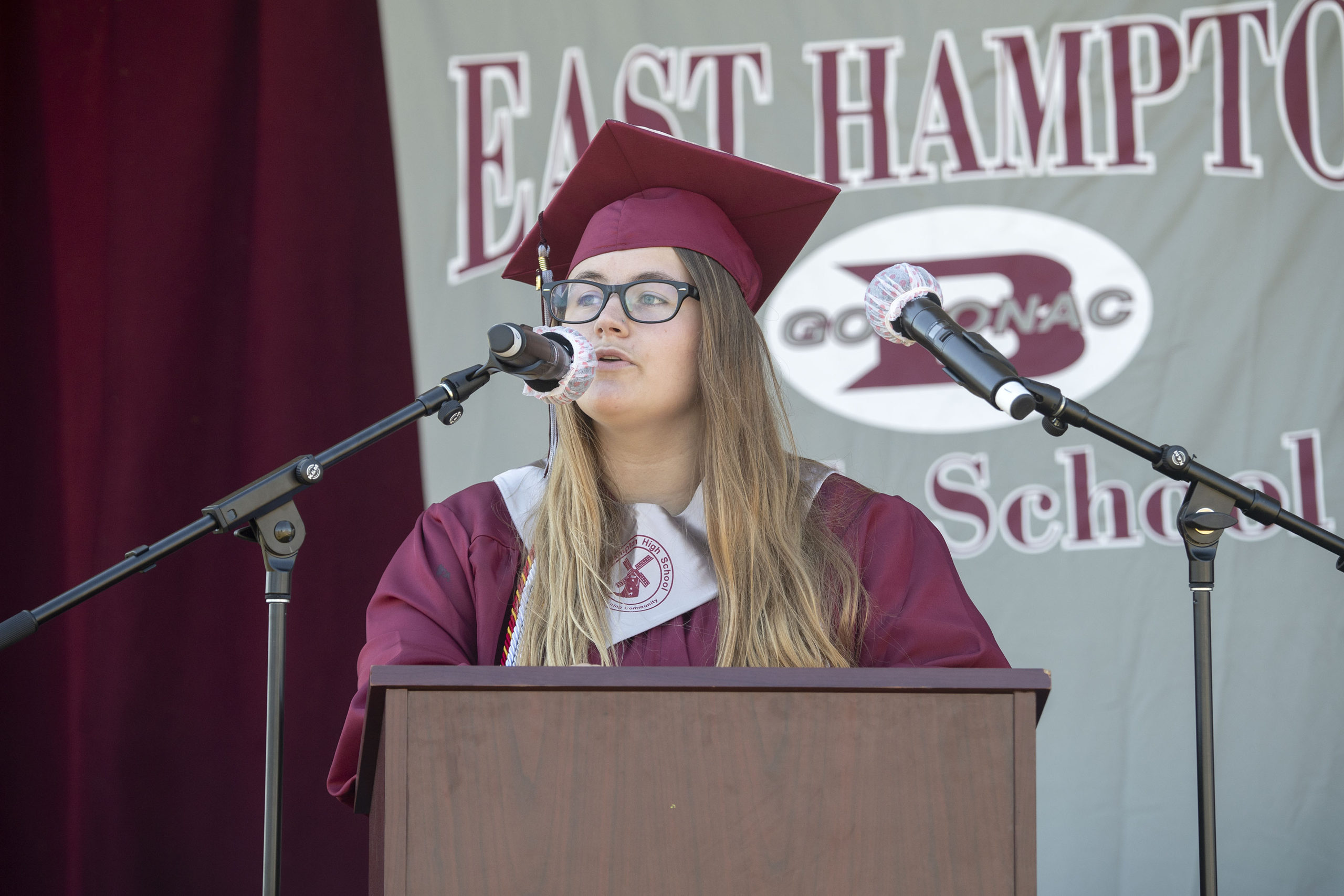 East Hampton High School Senior Class President Samantha Totten speaks during the 2020 graduation ceremony at the East Hampton High School on Friday.