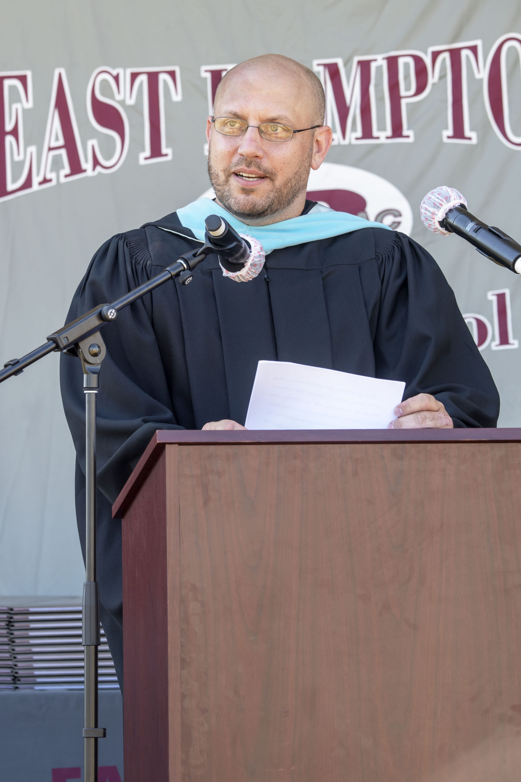 East Hampton High School Principal Adam Fine during the 2020 graduation ceremony at the East Hampton High School on Friday.