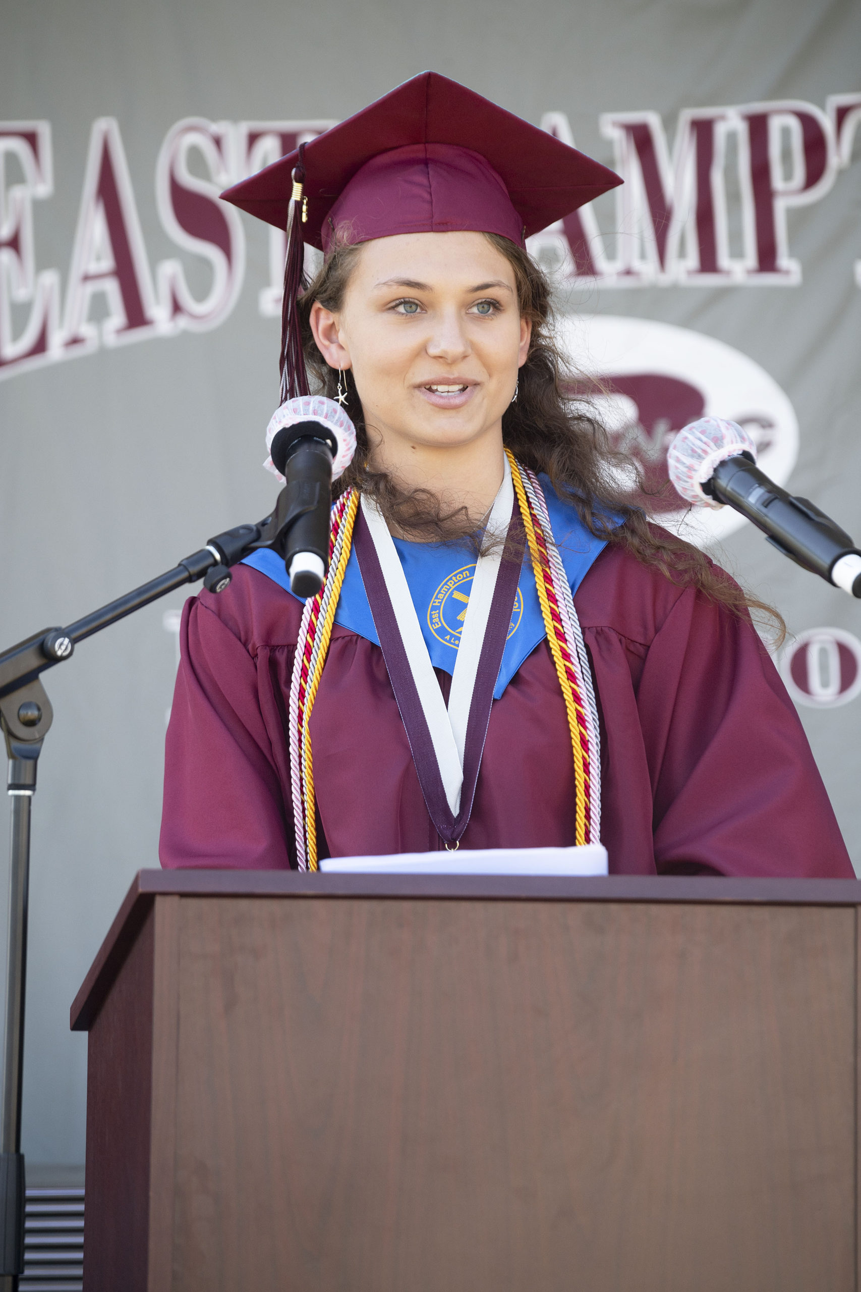 East Hampton High School Senior Valedictorian Samantha Prince speaks during the 2020 graduation ceremony at the East Hampton High School on Friday.