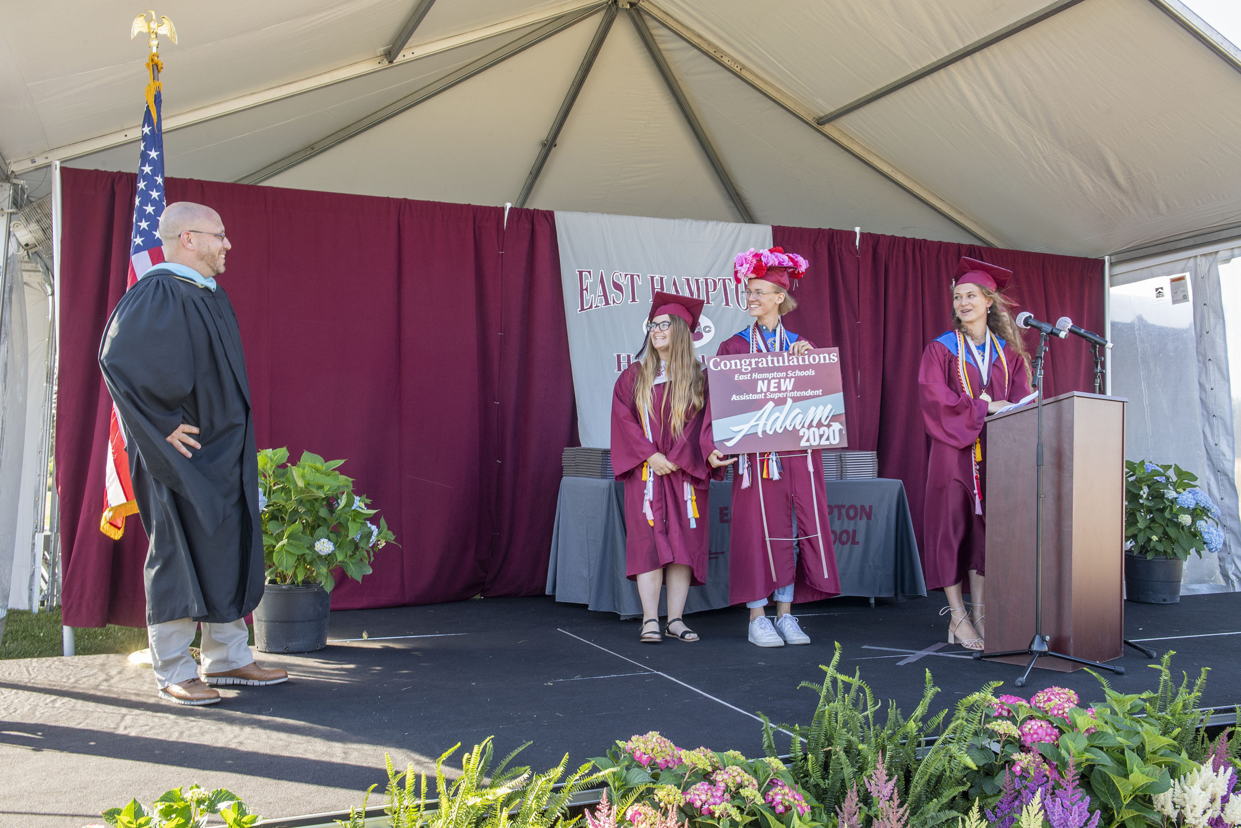 East Hampton High School Seniors presented Principal Adam Fine with some parting gifts during the 2020 graduation ceremony at the East Hampton High School on Friday.