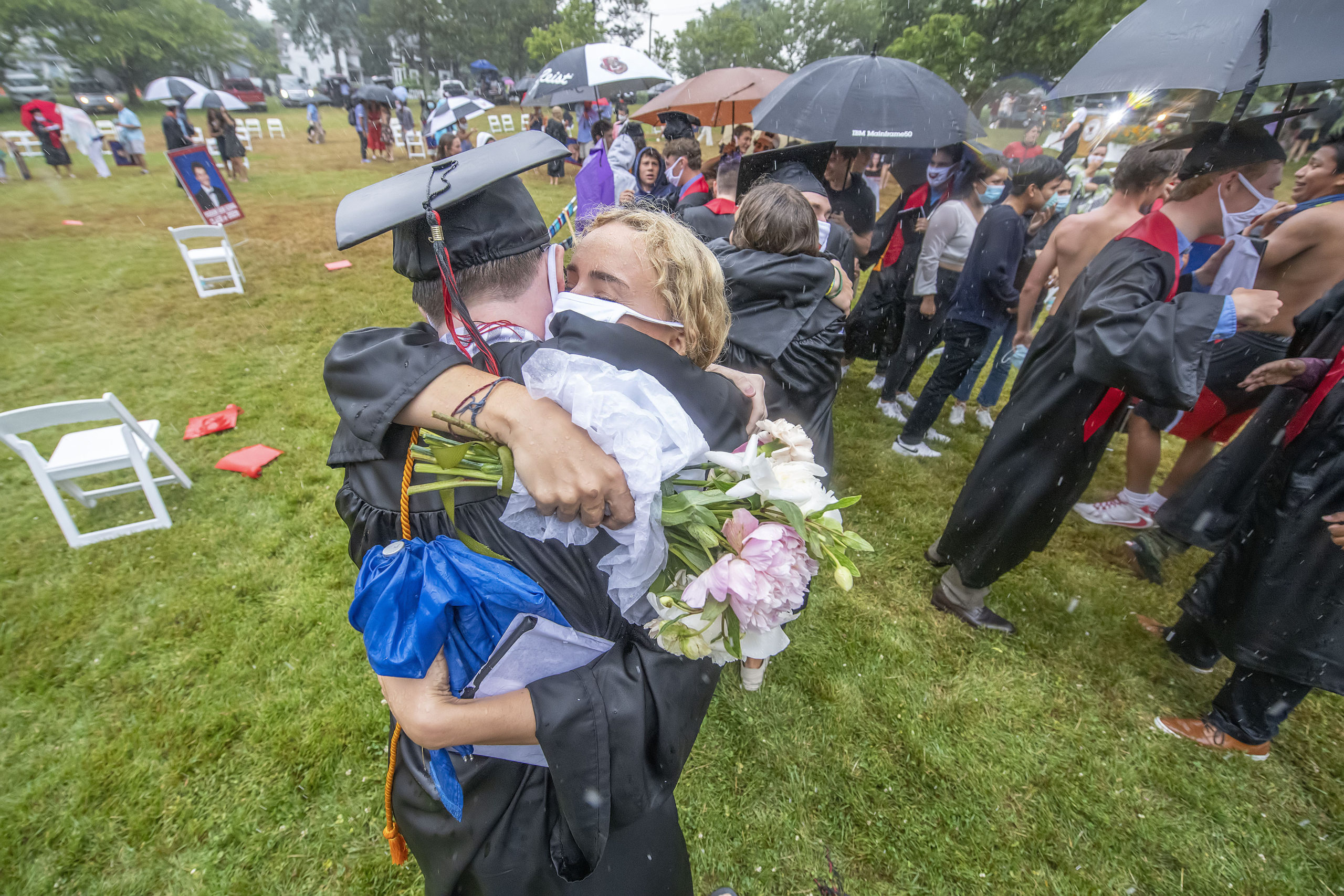 Ellie Borzilleri gets a big hug from Dylan Kruel following the Pierson High School 2020 Commencement Ceremony at Pierson High School on Saturday.