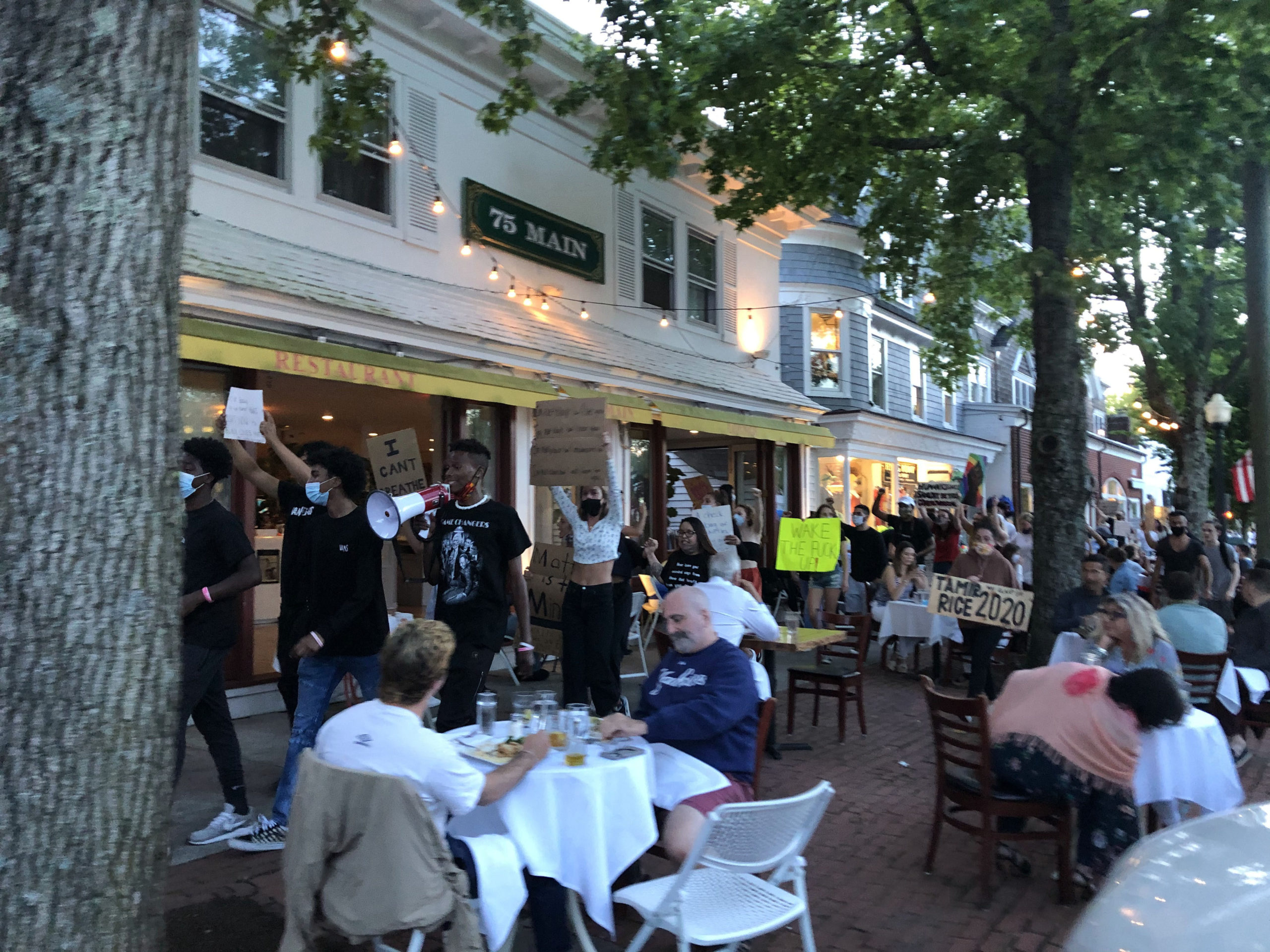 Demonstrators marched through the streets of Southampton Village Friday night in support of racial equality.  ALEC GIUFURTA