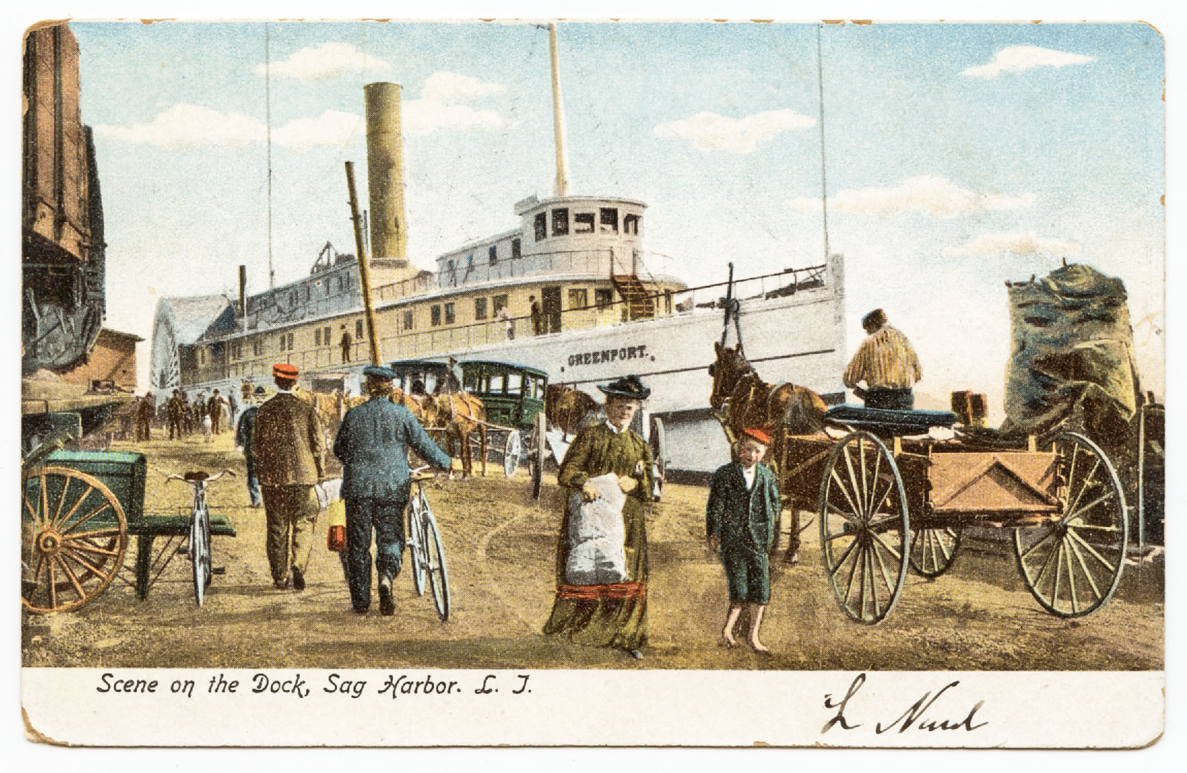 A postcard of the Greenport docked at Long Wharf.