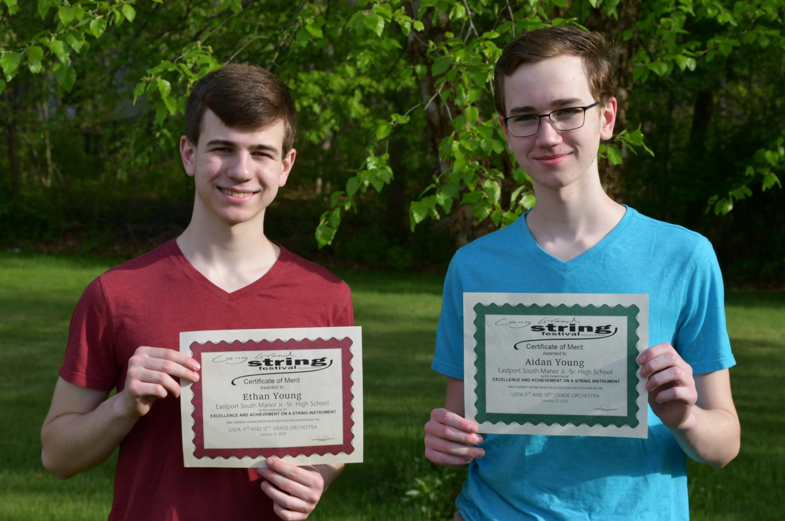 Eastport-South Manor Junior-Senior High School students Aidan and Ethan Young received scholarships for their outstanding accomplishments in music. 