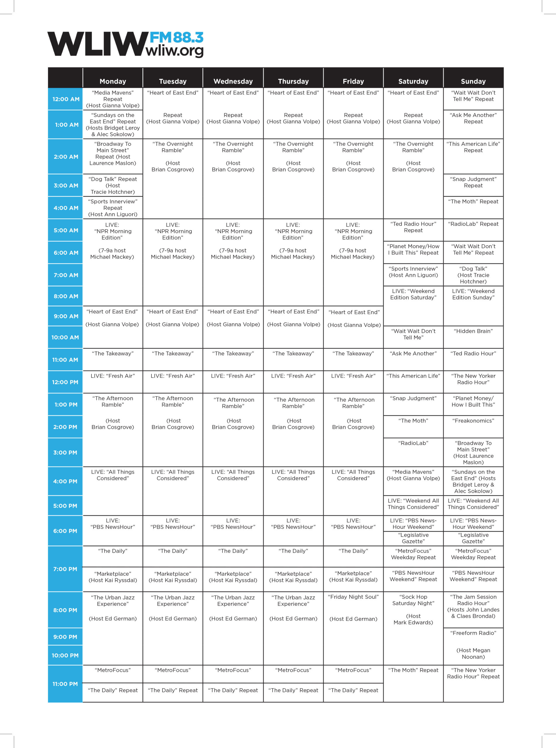 The WLIW-FM program schedule.