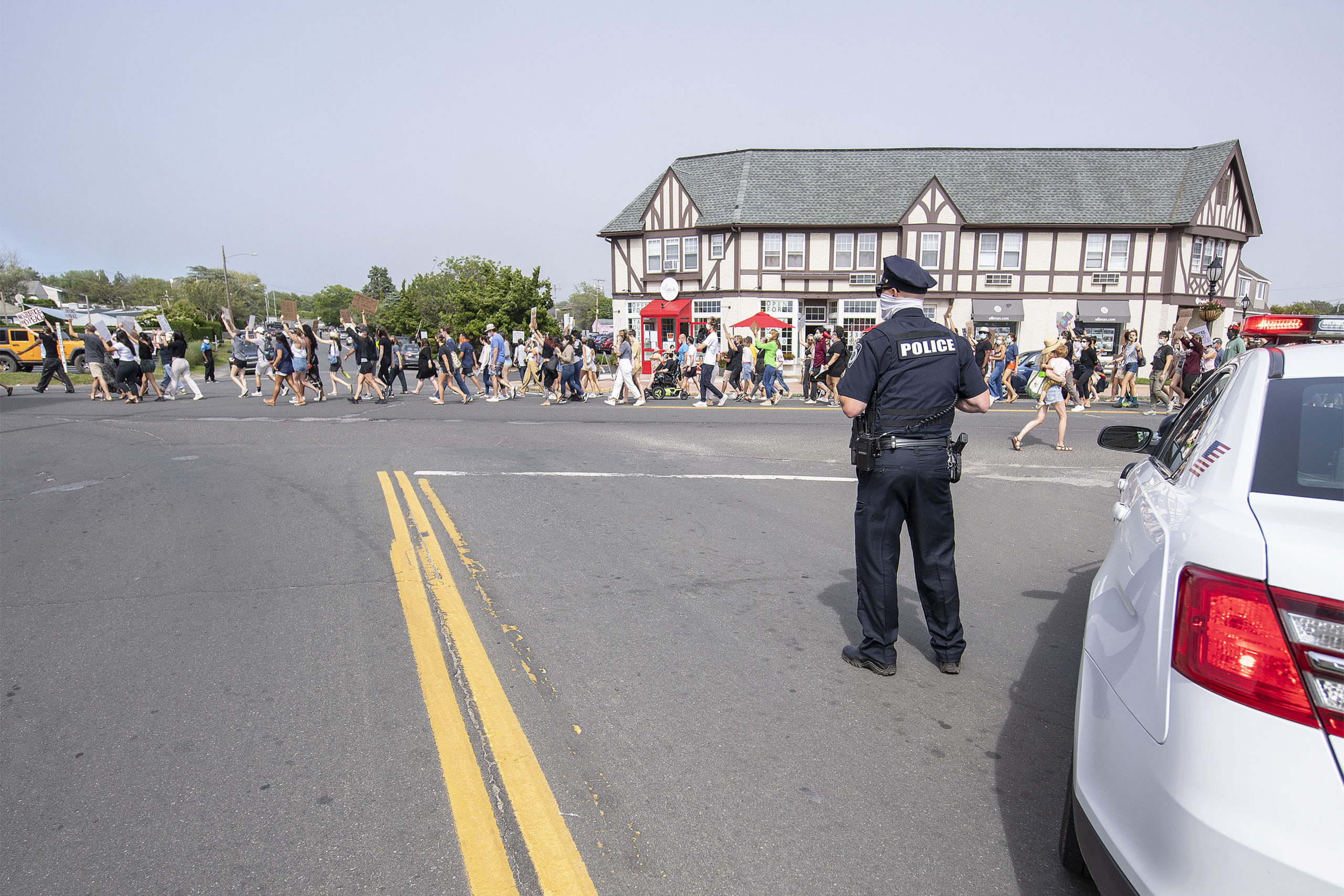 Law enforcement at the protest in Montauk last month.  MICHAEL HELLER