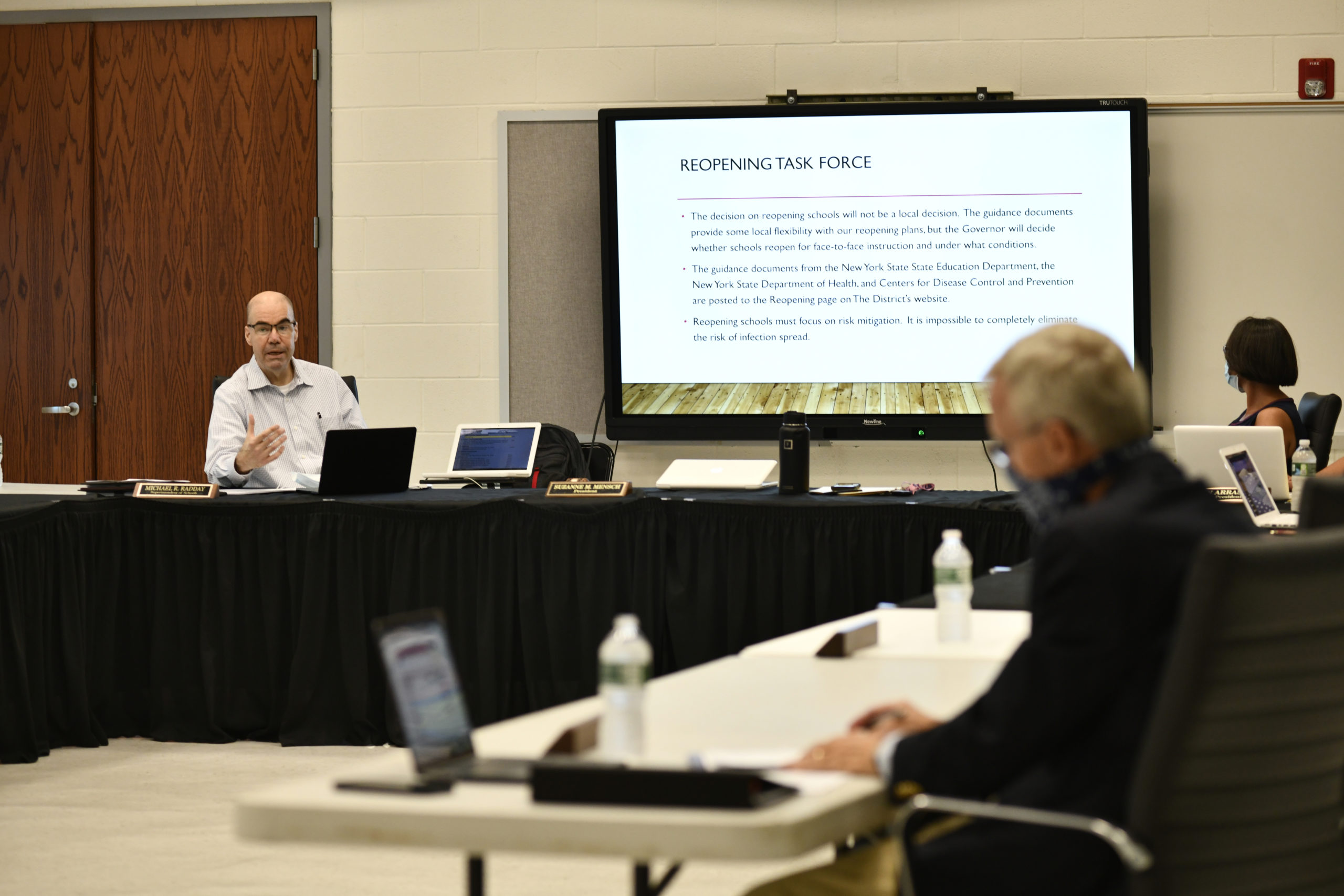 Westhampton Beach School District Superintendent Michael Radday talks about the reopening process at the board of education meeting on Monday evening.  DANA SHAW