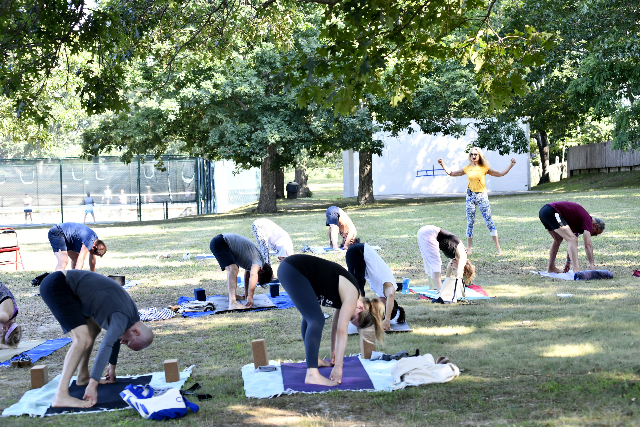 Yoga Shanti, the Sag-Harbor-based yoga studio, is holding daily outdoor yoga classes from 9 to 10 a.m., rain or shine, in Mashashimuet Park.     DANA SHAW