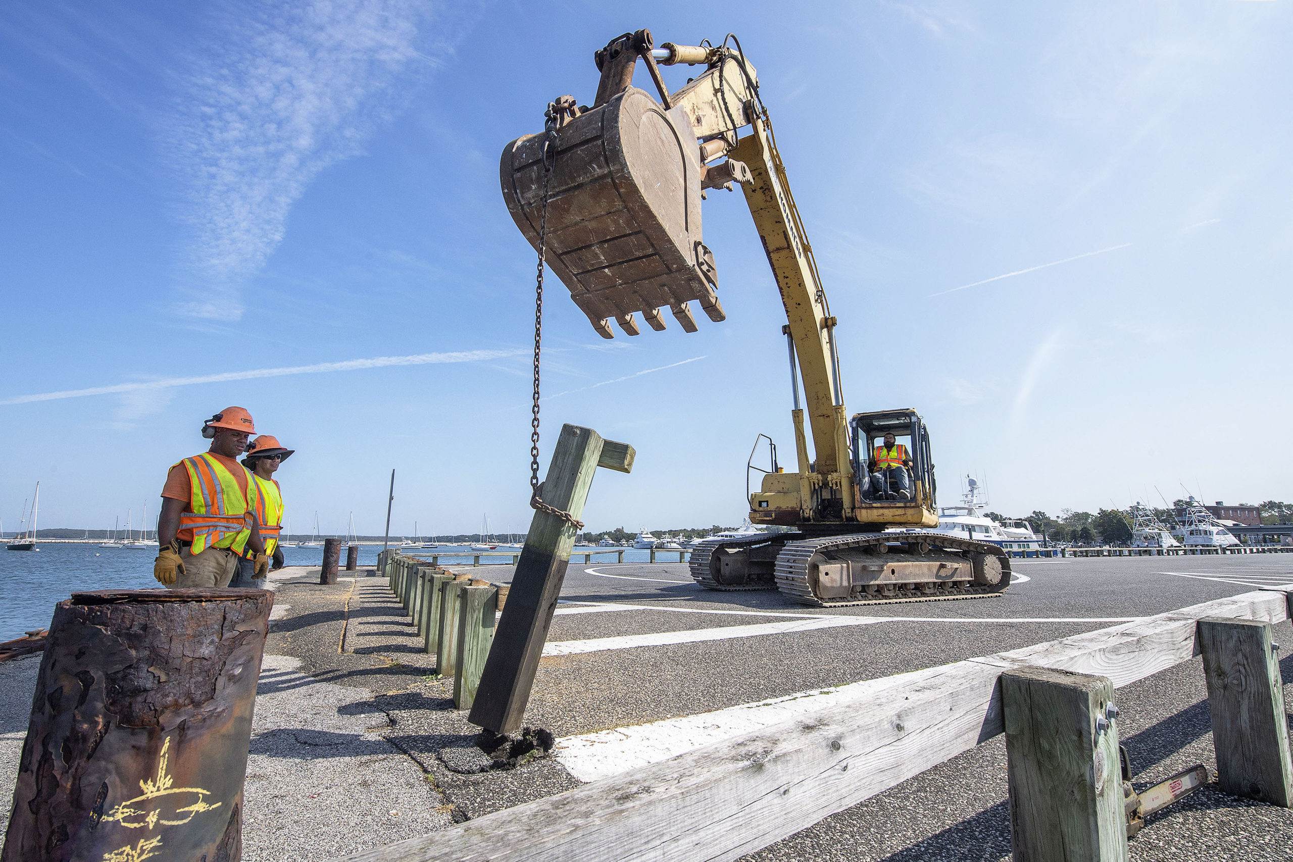 Work, which began last fall on Sag Harbor's Long Wharf, is nearing complettion. MICHAEL HELLER