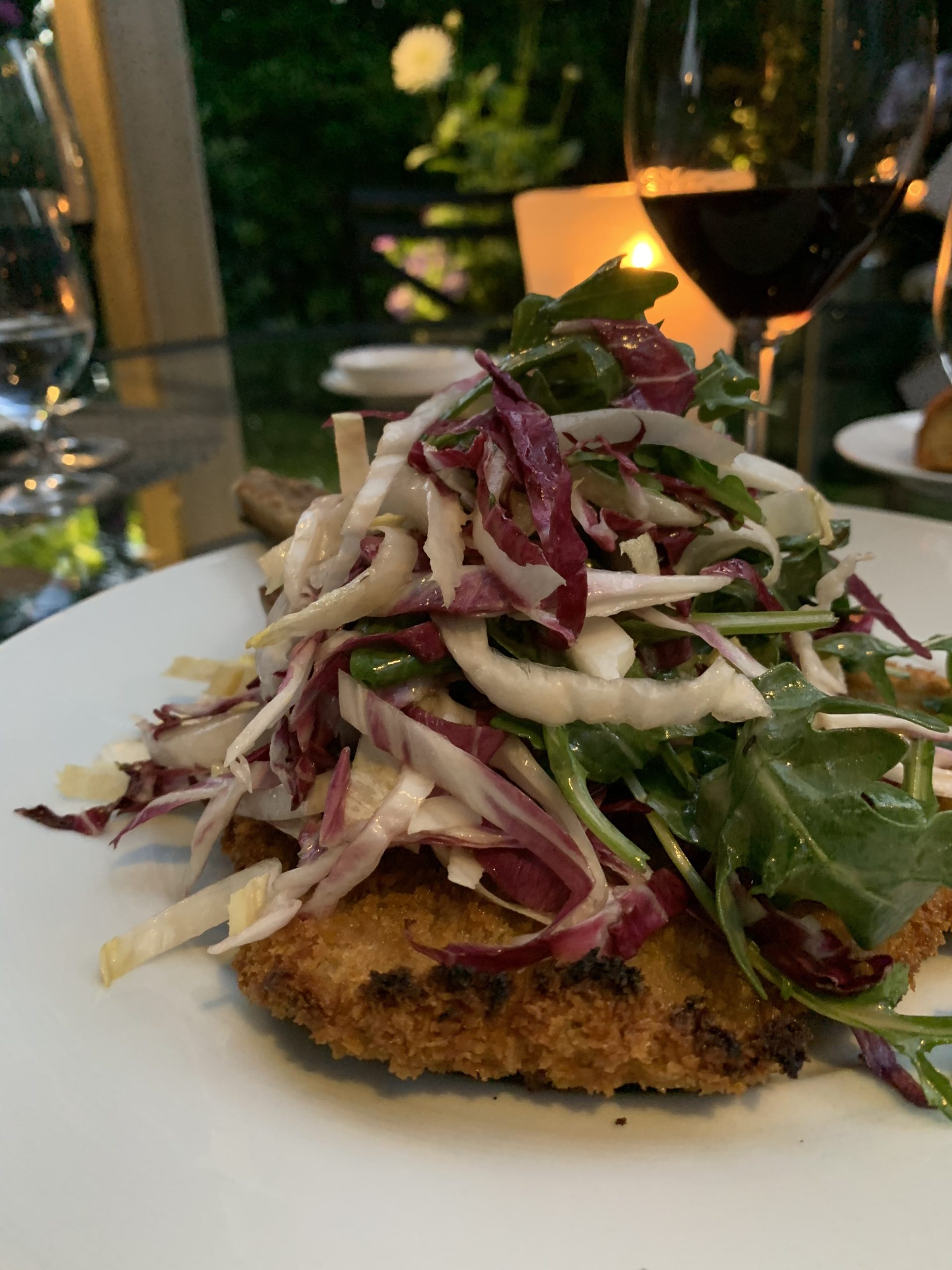 Berkshire pork Milanese is topped with a Insalata Tricolore and a Nero d'Avola vinegrette Chef Rozzi crafted while the restaurant was closed to dining except for take-out orders.  