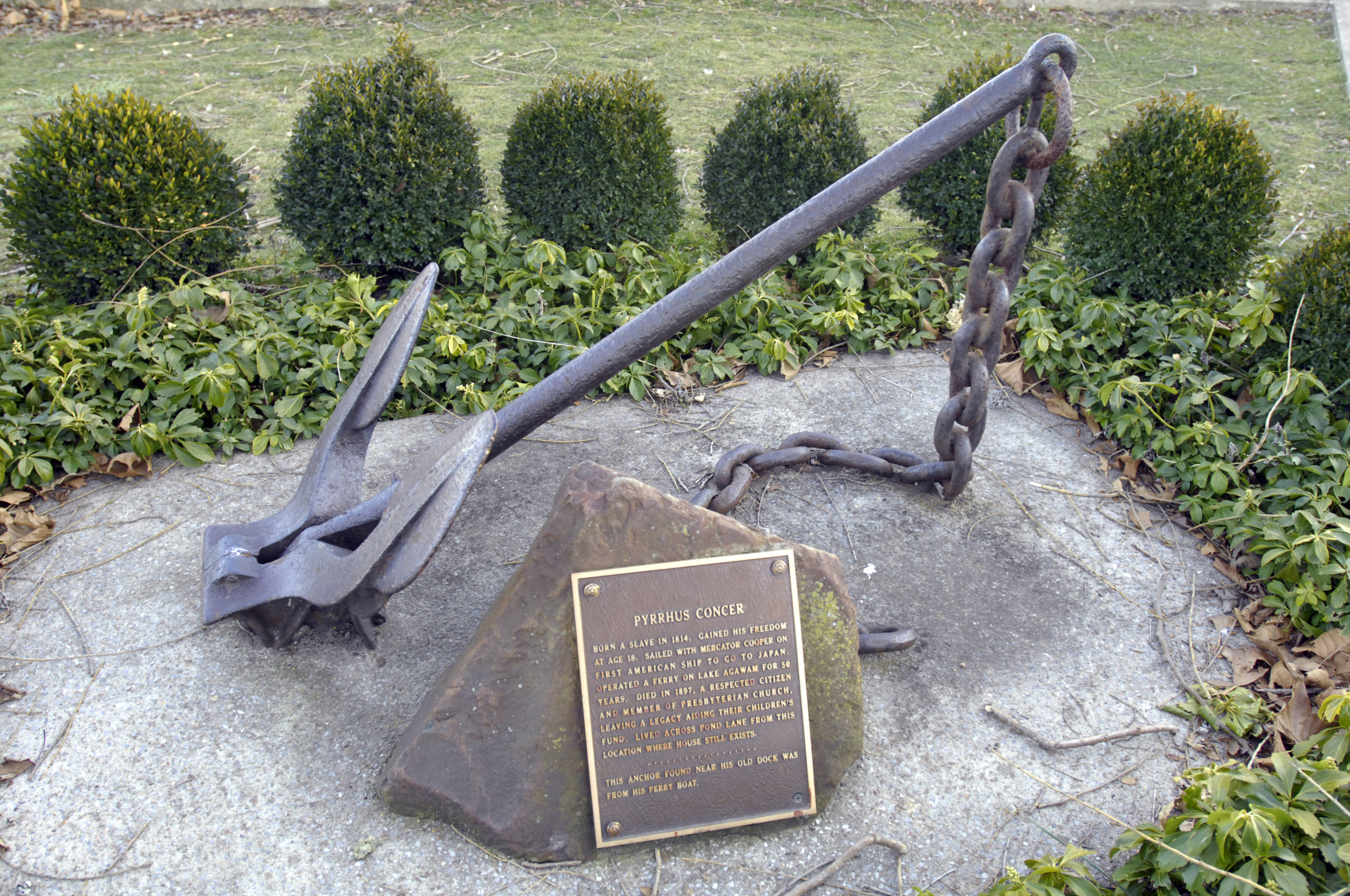 The plaque and anchor in Agawam Park commemorating Pyrrhus Concer.            PRESS FILE