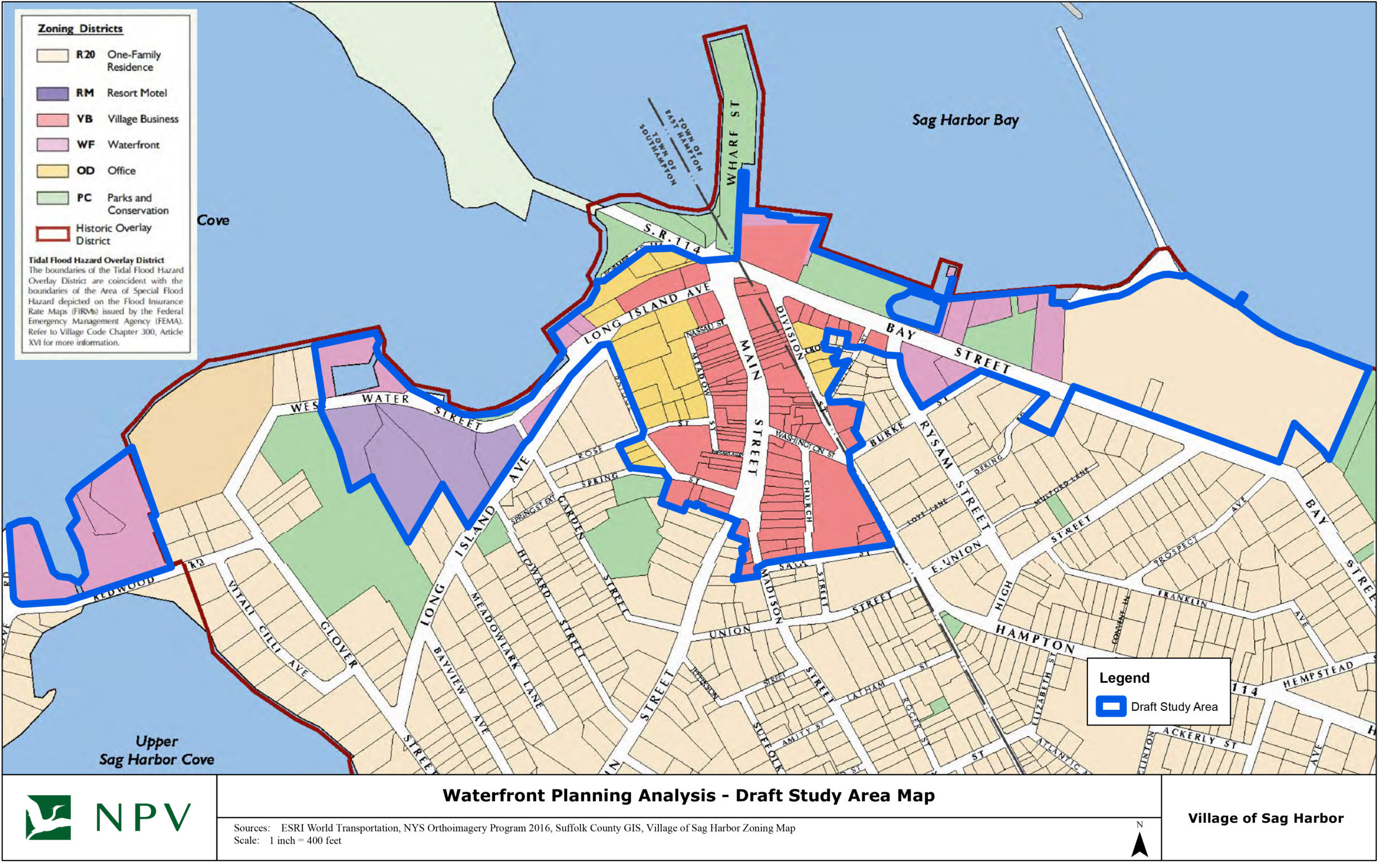 The Sag Harbor Village Board is considering a six-month moratorium so it can conduct a planning study for the future of much of the village's waterfront, including its Main Street business district.   COURTESY NELSON, POPE & VOORHIS
