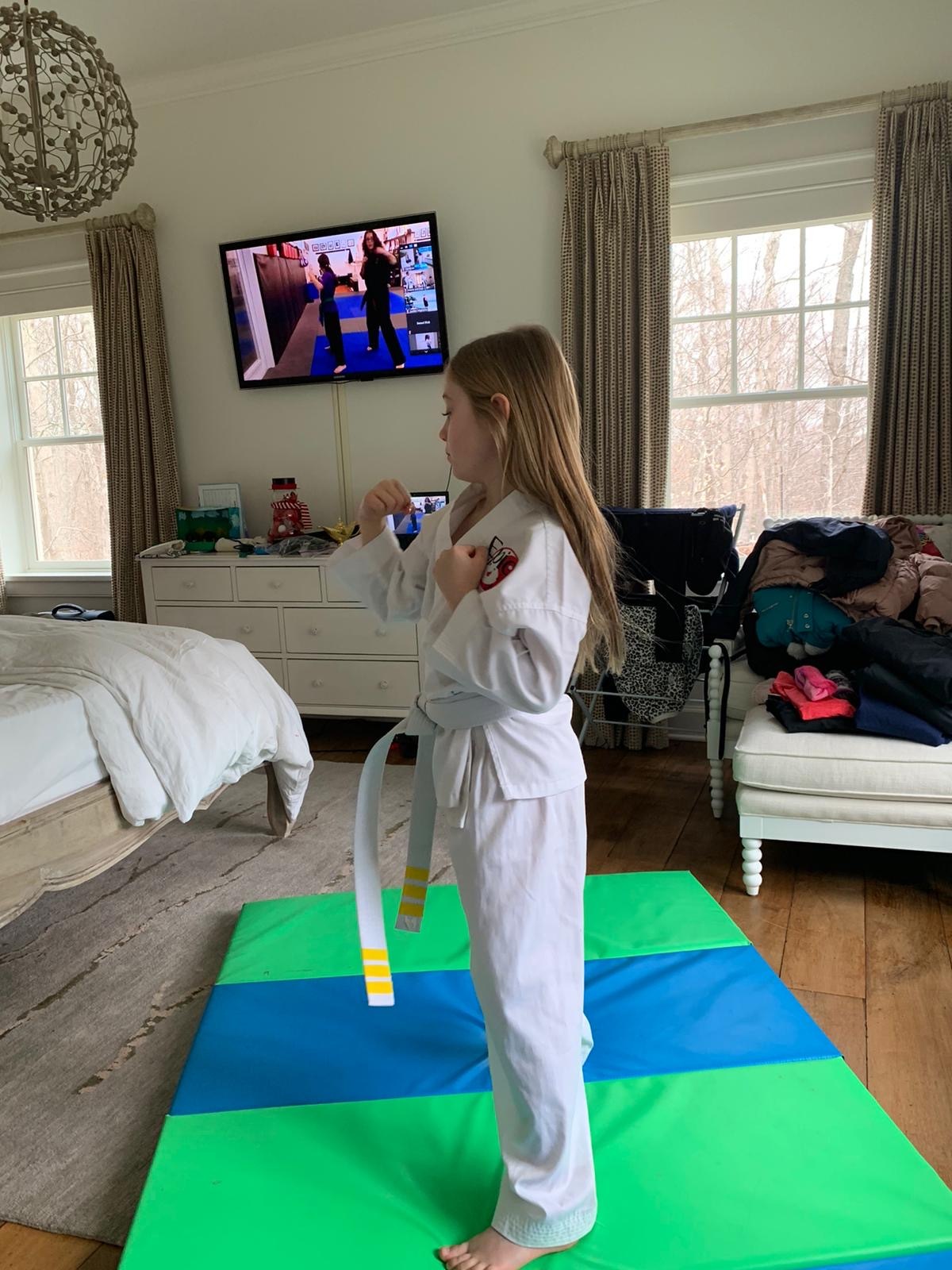 Cameron Dawson participates in a Zoom martial arts class from her home in Amagansett.