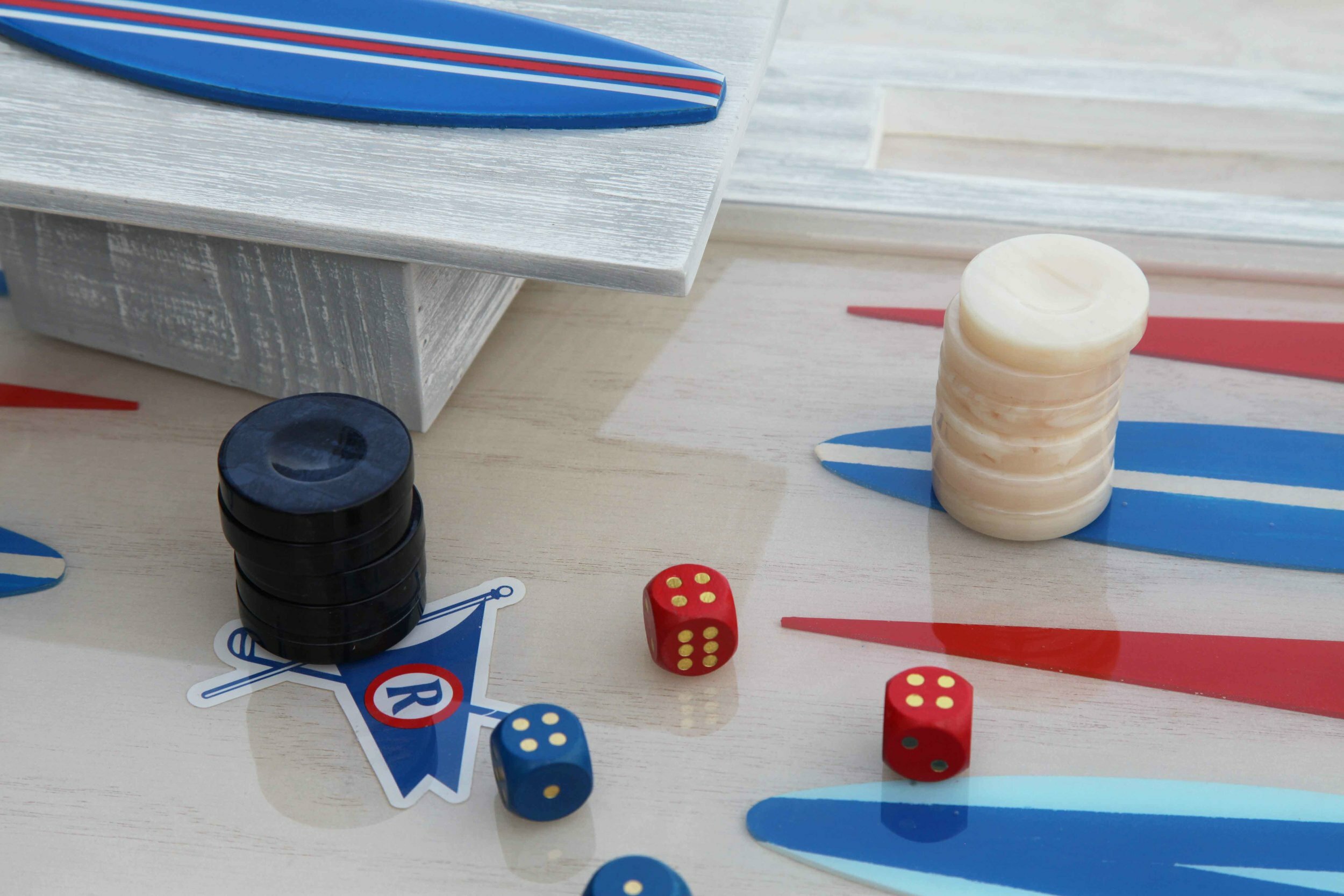 Backgammon pieces on one of Jean-Michel Andriot's finished boards.