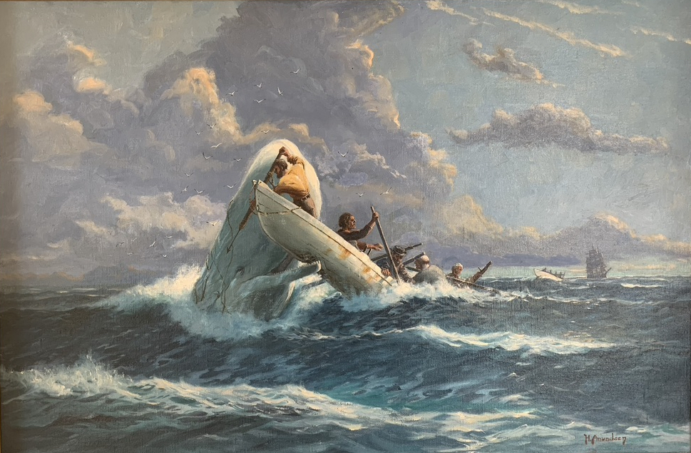 A scene from Moby Dick painted and signed by Cappy Amundsen was recently gifted to the Sag Harbor Whaling Museum by collector Robert Hooke.