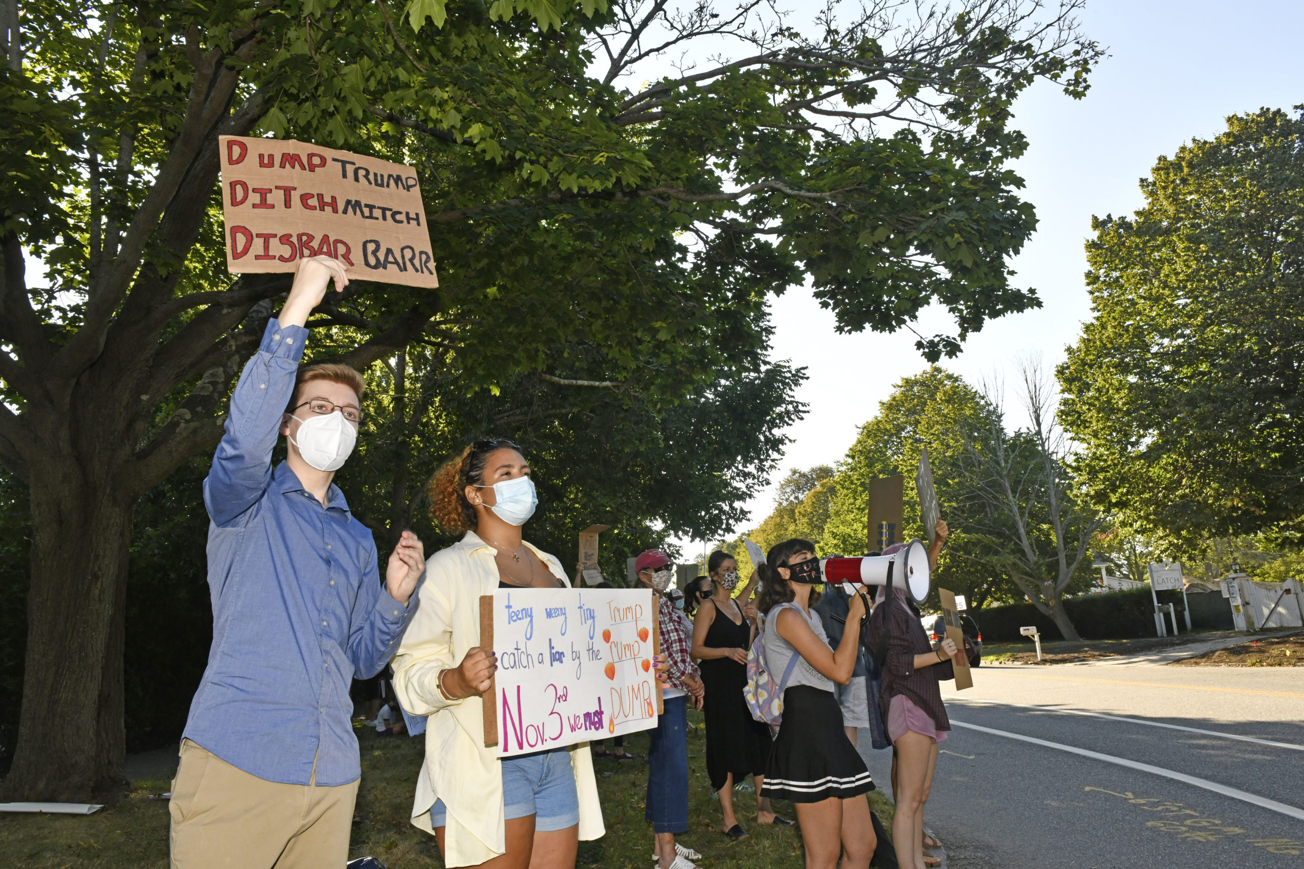 A protest was held in Southampton Village on Saturday afternoon during President Donald Trump's visit for a fundraising event.   DANA SHAW