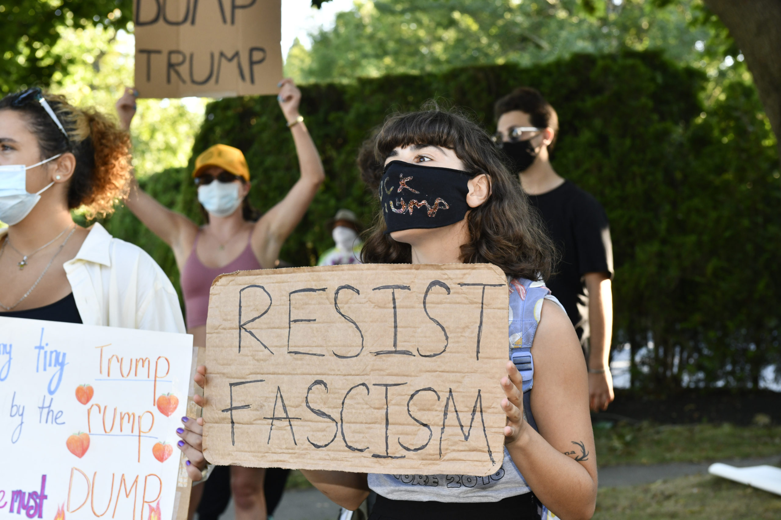 A protest was held in Southampton Village on Saturday afternoon during President Donald Trump's visit for a fundraising event.   DANA SHAW
