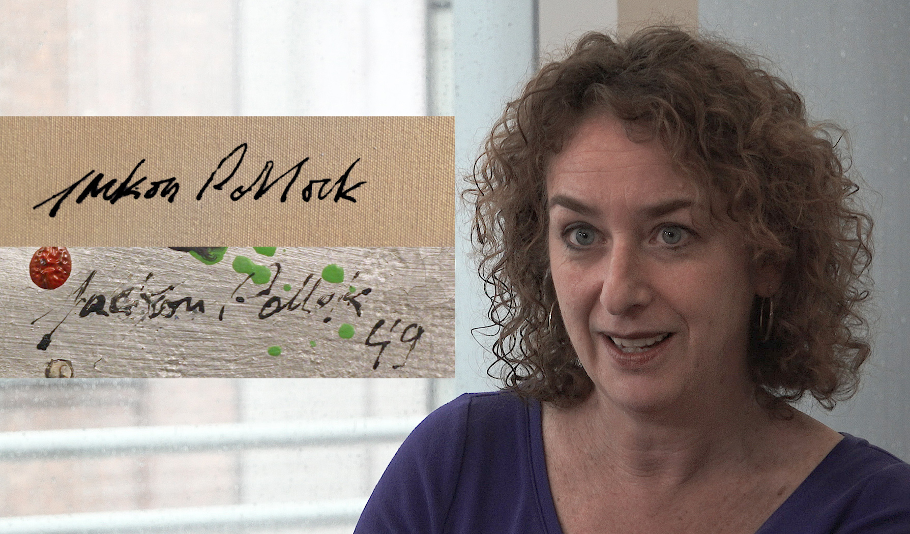 New York Times reporter Patricia Cohen with an image of a mispelled Pollock signaure in the film 