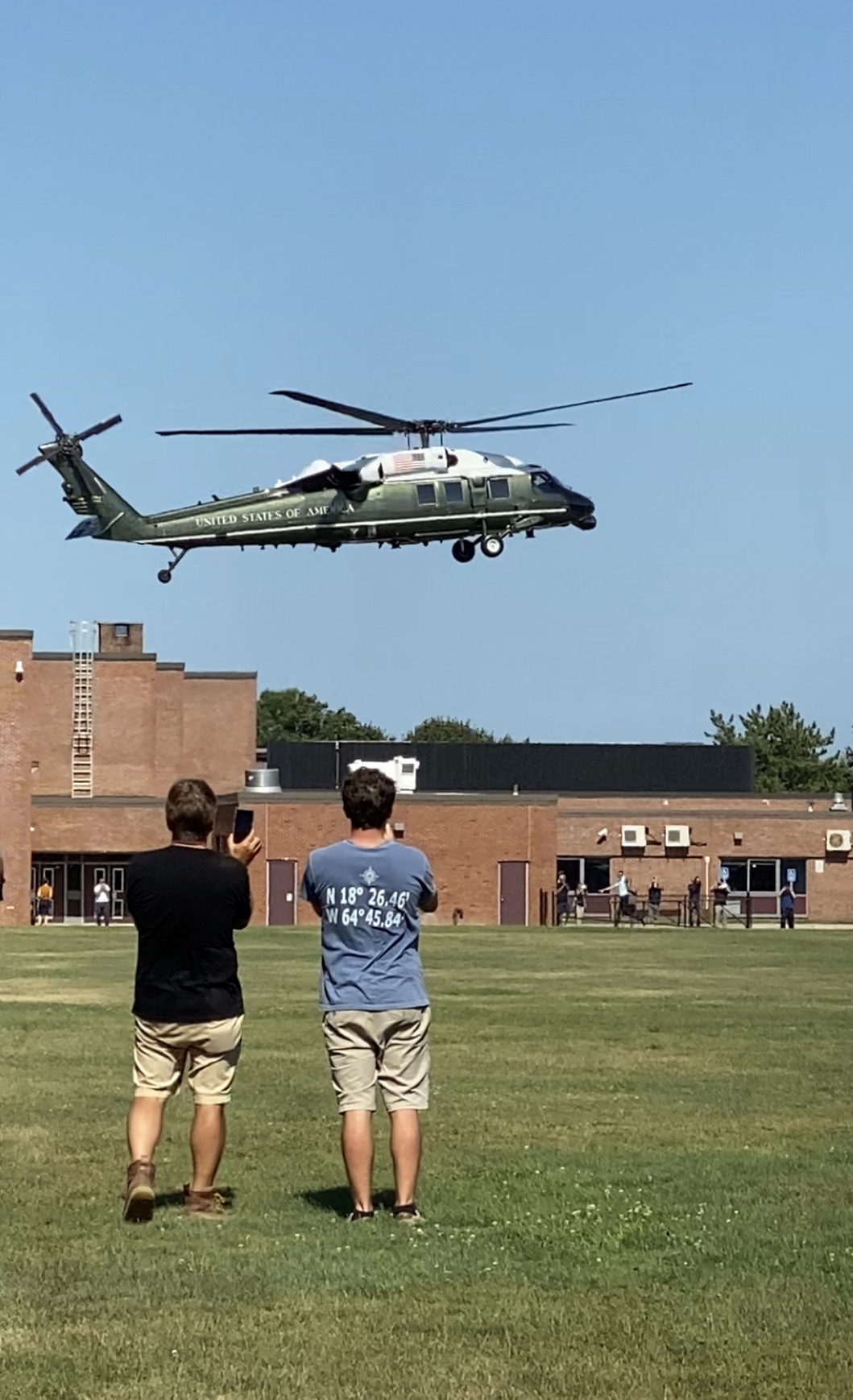 The helicopter that is known as Marine One when the president is aboard, lands at Southampton High School on Wednesday afternoon. 