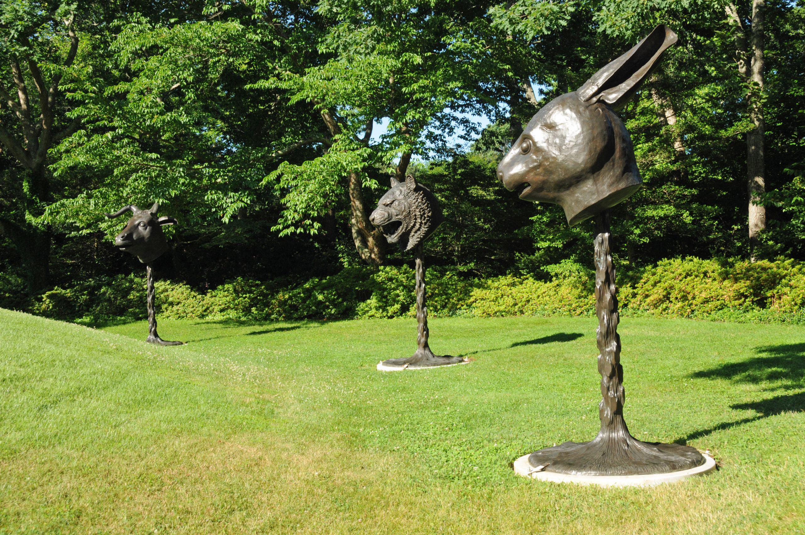 of Ai Weiwei’s “Circle of Animals/Zodiac Heads: Bronze” installed at LongHouse Reserve. 