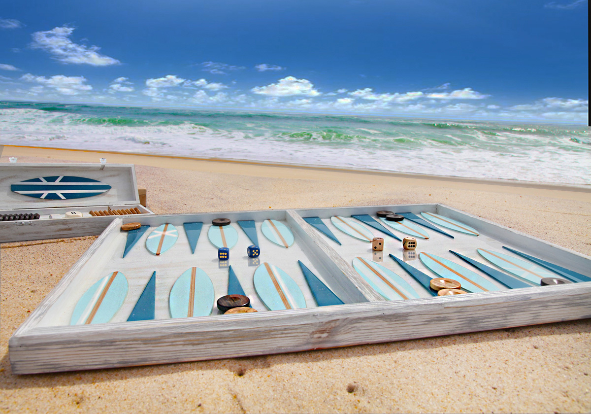 One of Jean-Michel Andriot's finished backgammon boards on the beach.