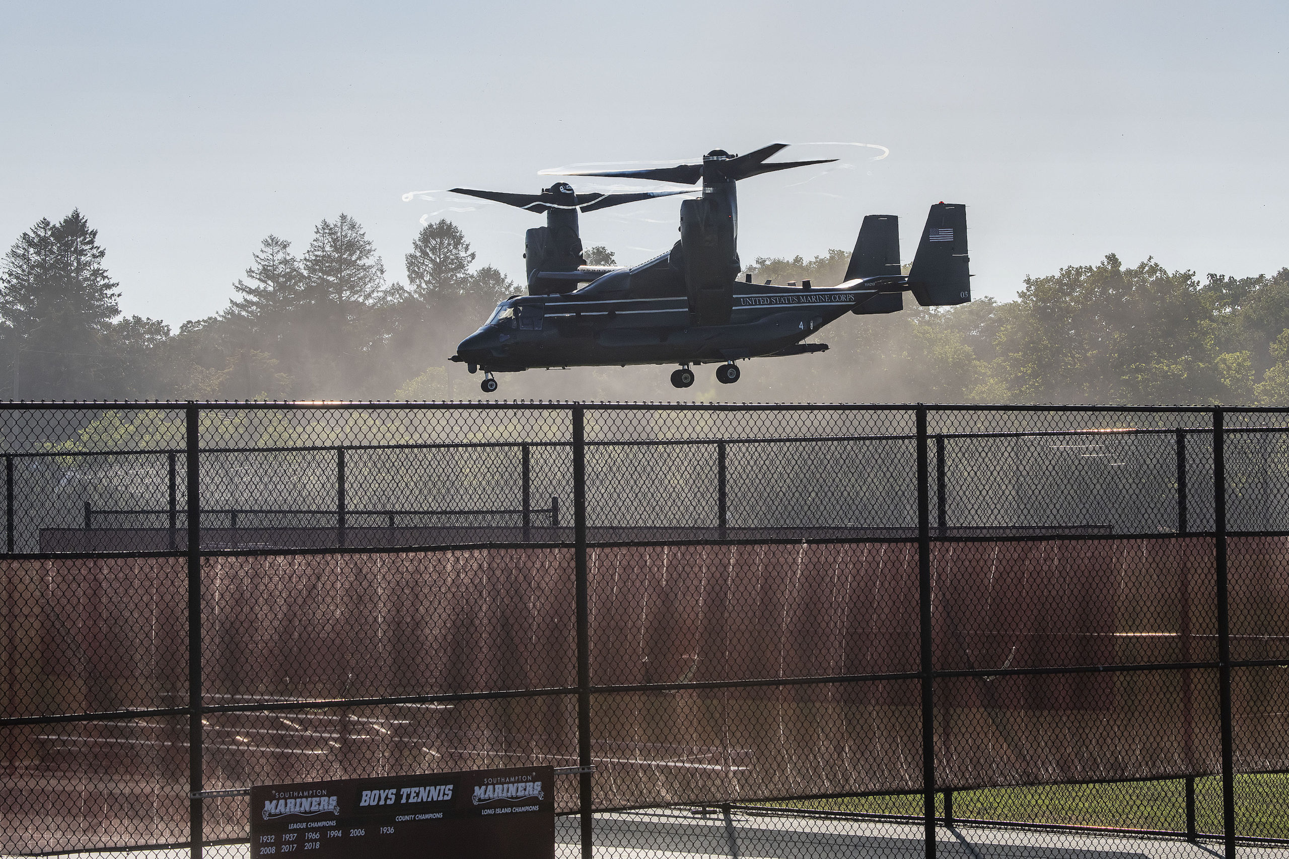 The V-22 Osprey aircraft were the first to arrive at Southampton High School on Saturday. 