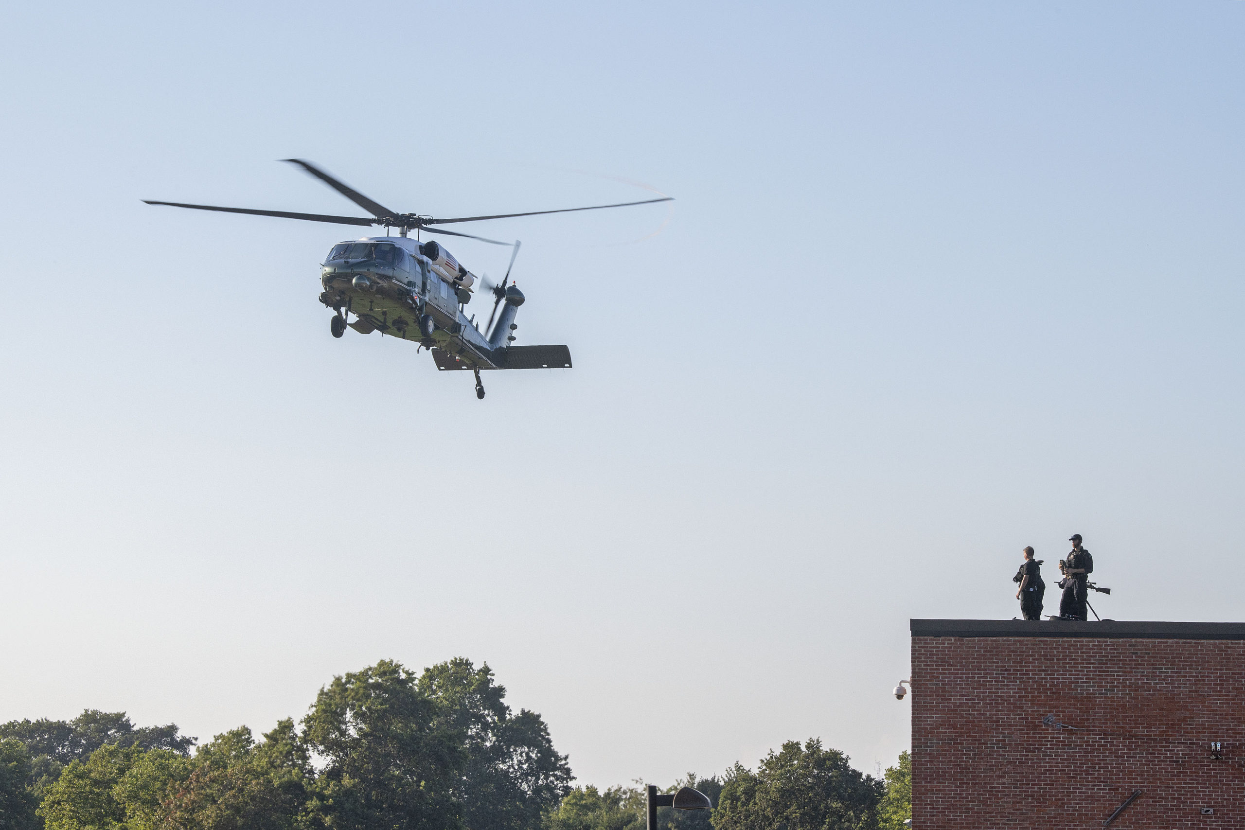 The president's helicopter, Marine One, and its escorts landed at Southampton High School on Saturday afternoon under heavy security. 