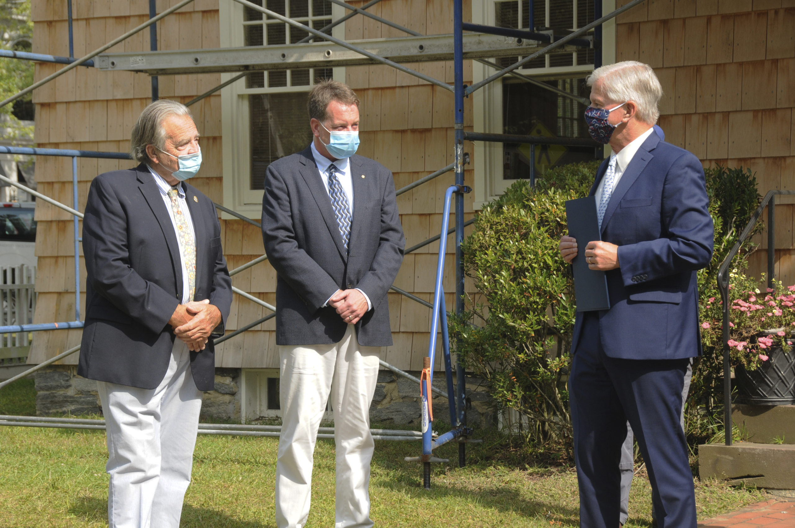 Former East Hampton Village May Paul F. Rickenbach Jr., current Mayor Jeffrey Larsen and State Assemblyman Fred W. Thiele Jr., at the recognition of the village's centennial on Friday. RICHARD LEWIN