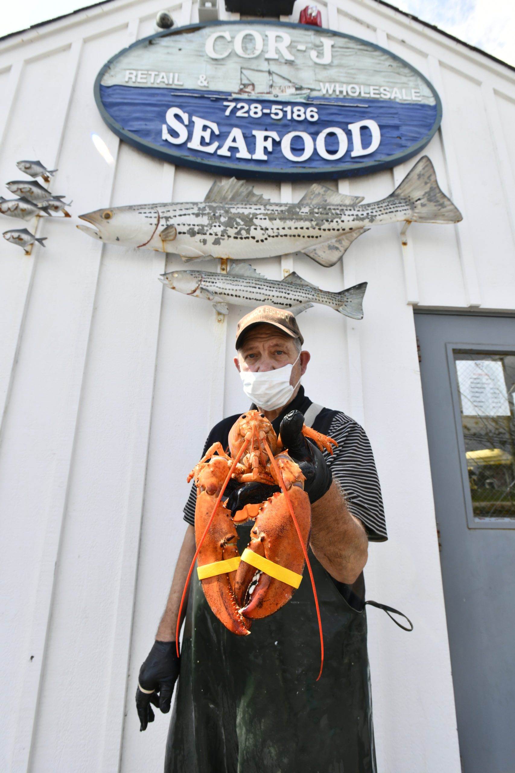 Cor-J Seafood owner James R. Coronesi with the rare, orange lobster. DANA SHAW