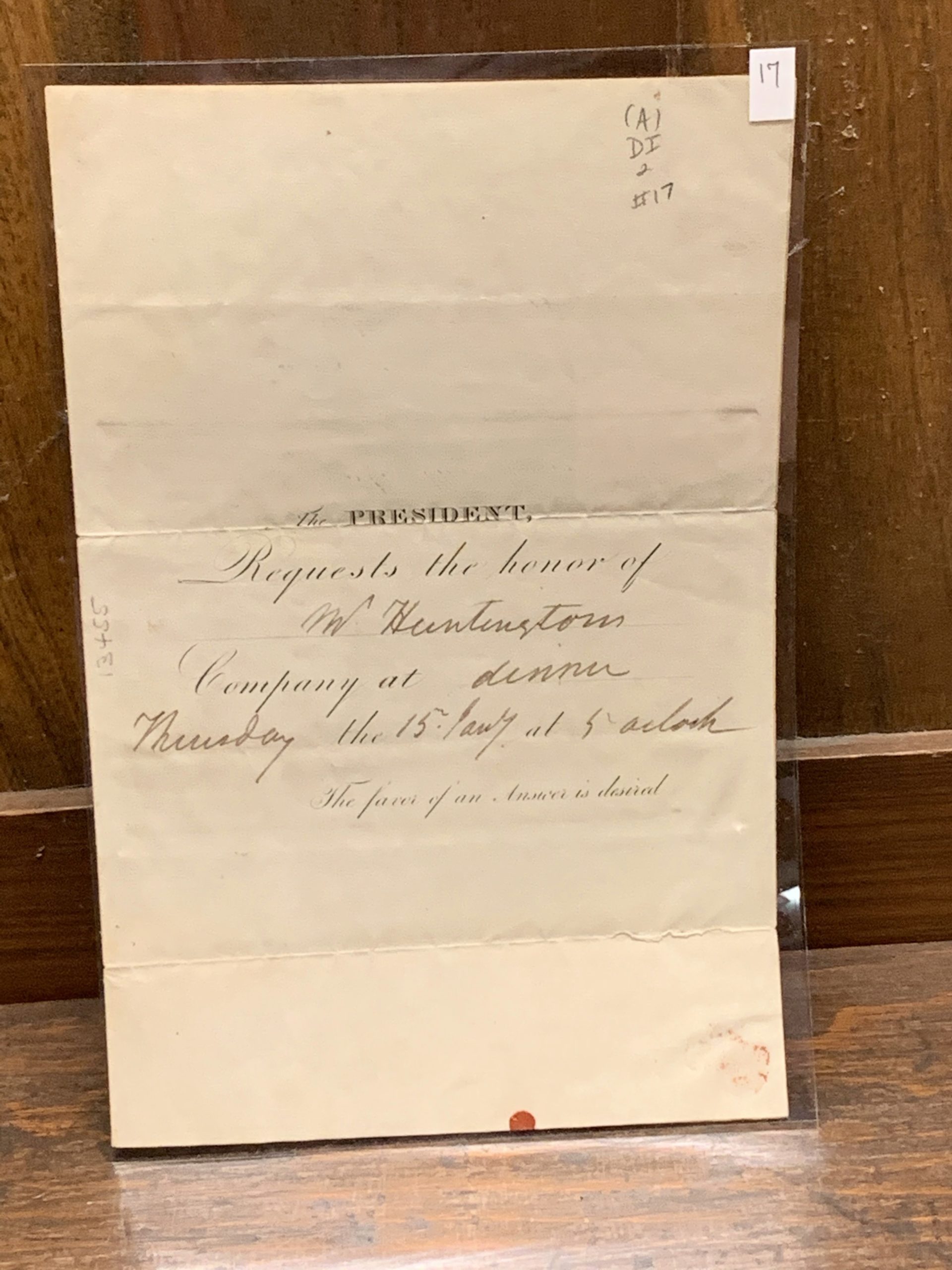 An invitation to an event from President Andrew Jackson to Abel Huntington.