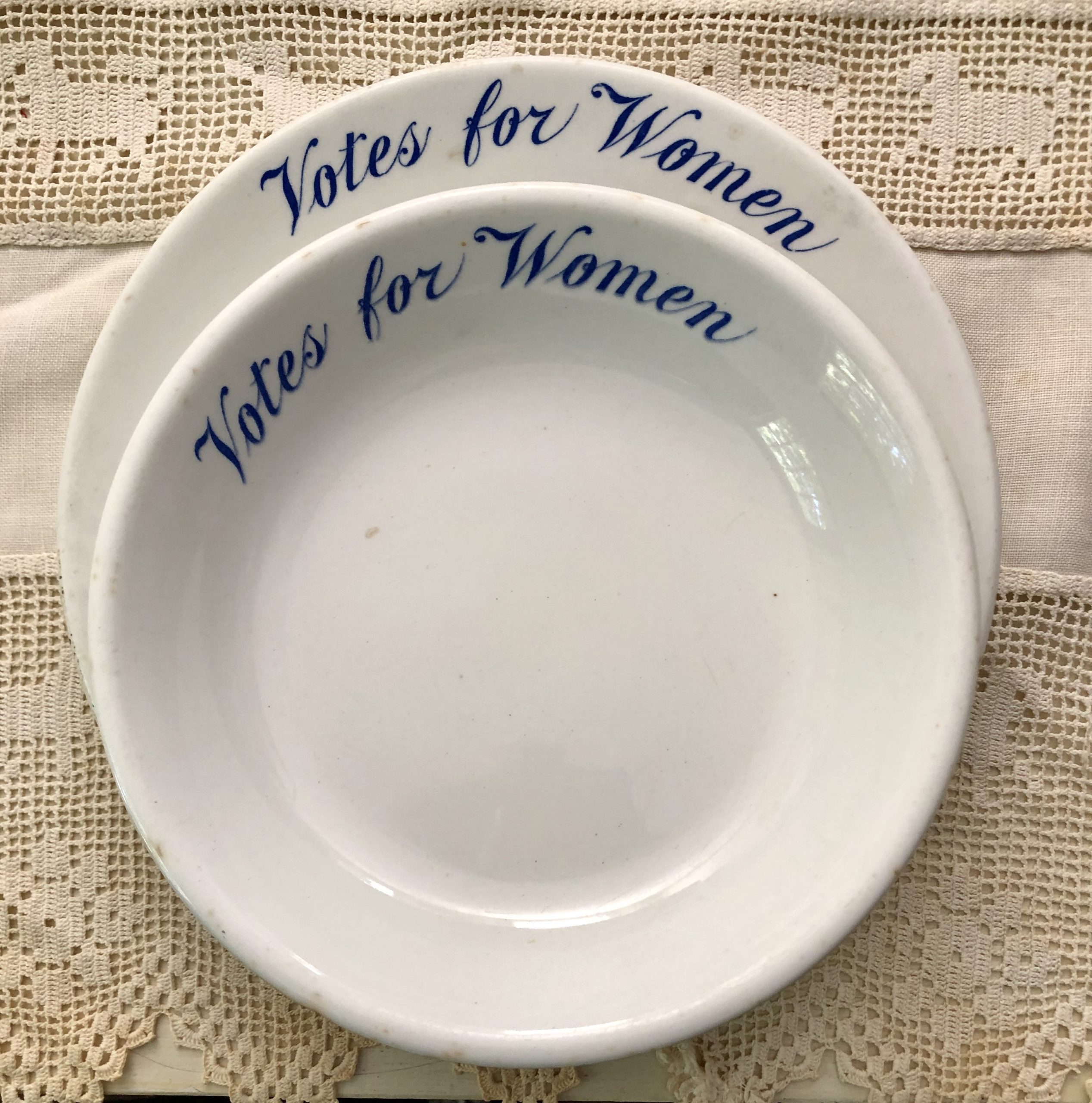 “Votes for Women” plates used by Alva Vanderbilt Belmont at one of her Suffrage luncheons held at her Newport summer cottage “Marble House” in 1909 and 1914. 