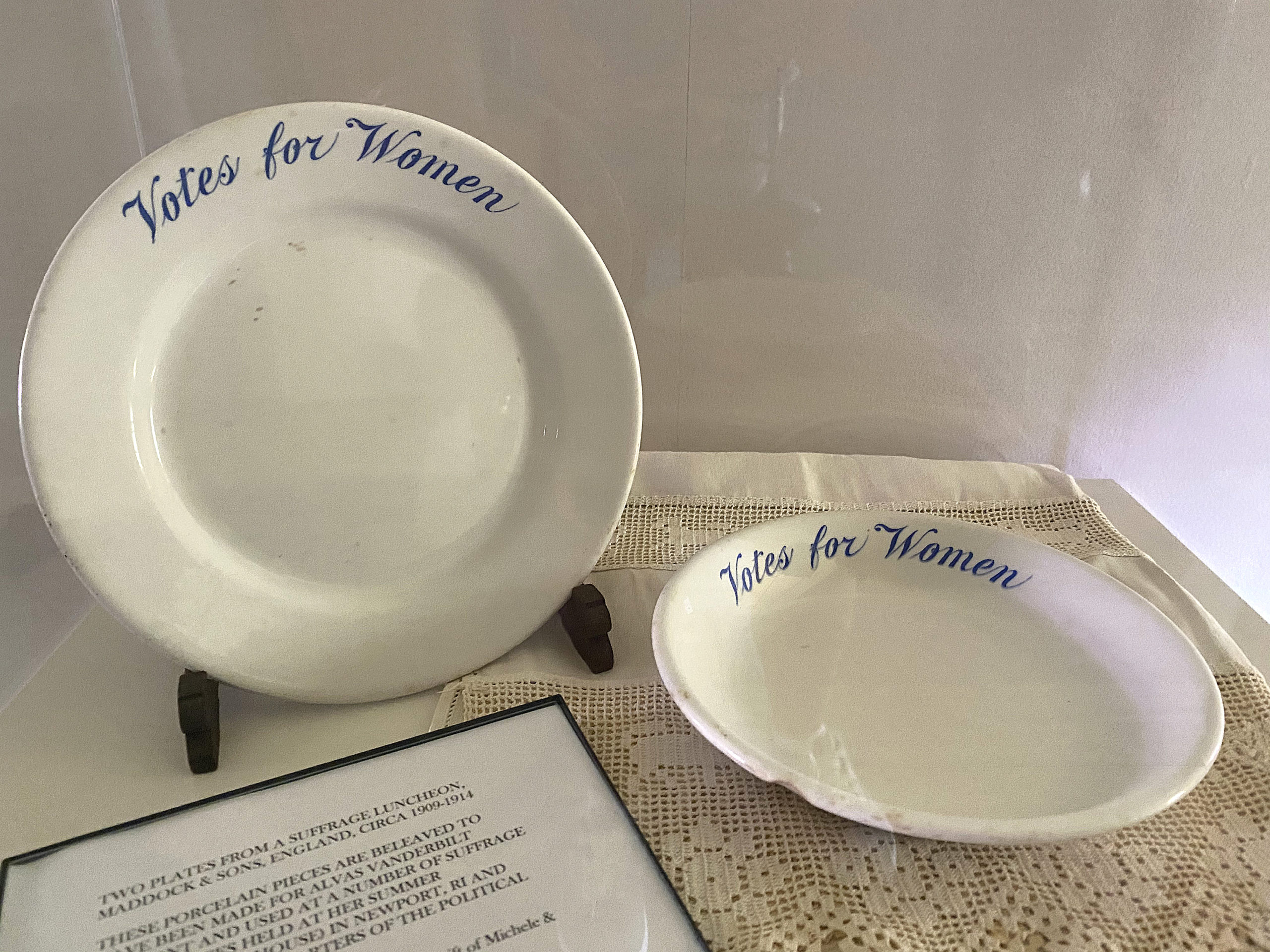 “Votes for Women” plates used by Alva Vanderbilt Belmont at suffrage luncheons held at her Newport summer cottage “Marble House” in 1909 and 1914. 
DANA SHAW