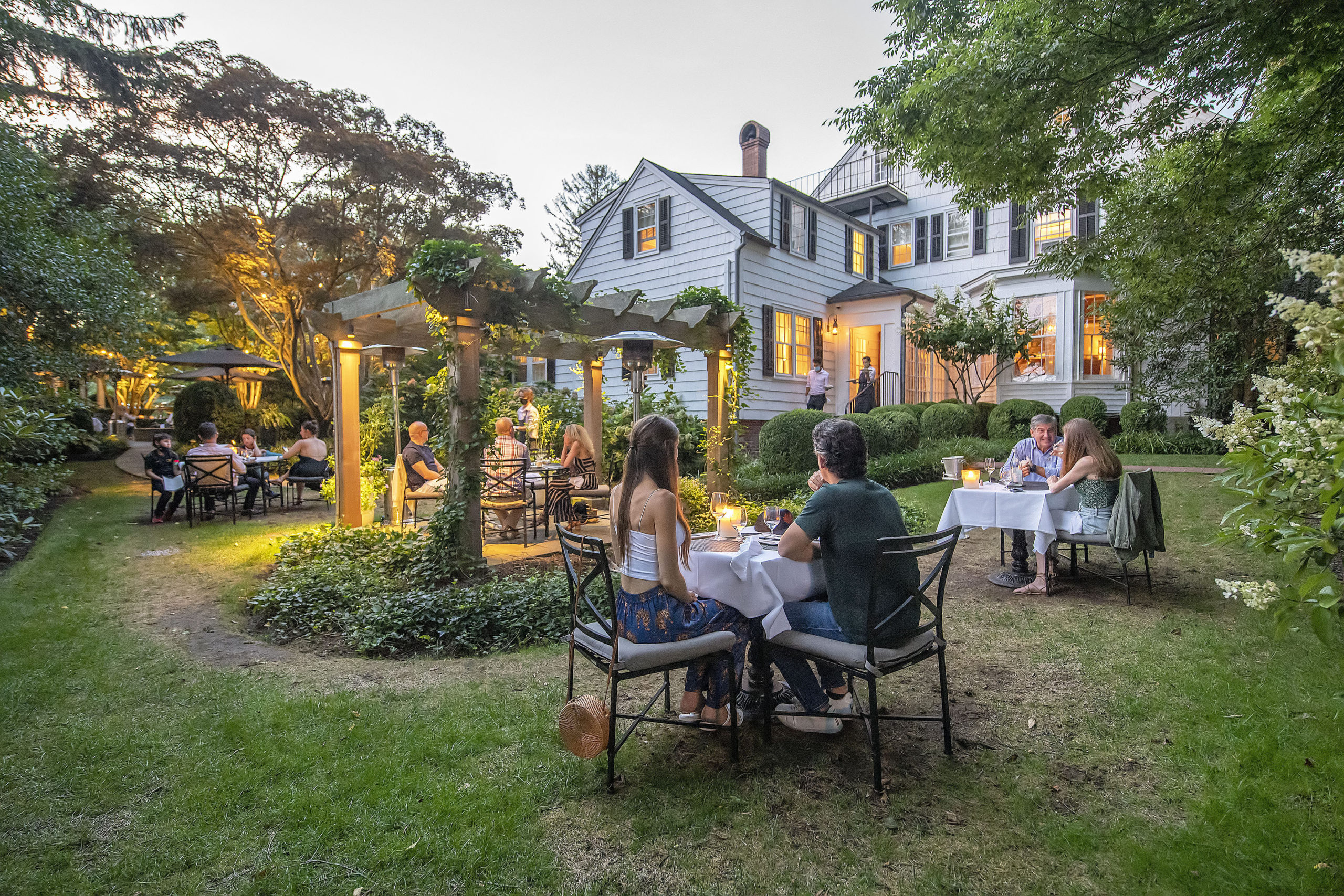 The outdoor dining space in the gardens behind the 1770 House restaurant in East Hampton created in response to the COVID-19 pandemic.  MICHAEL HELLER 