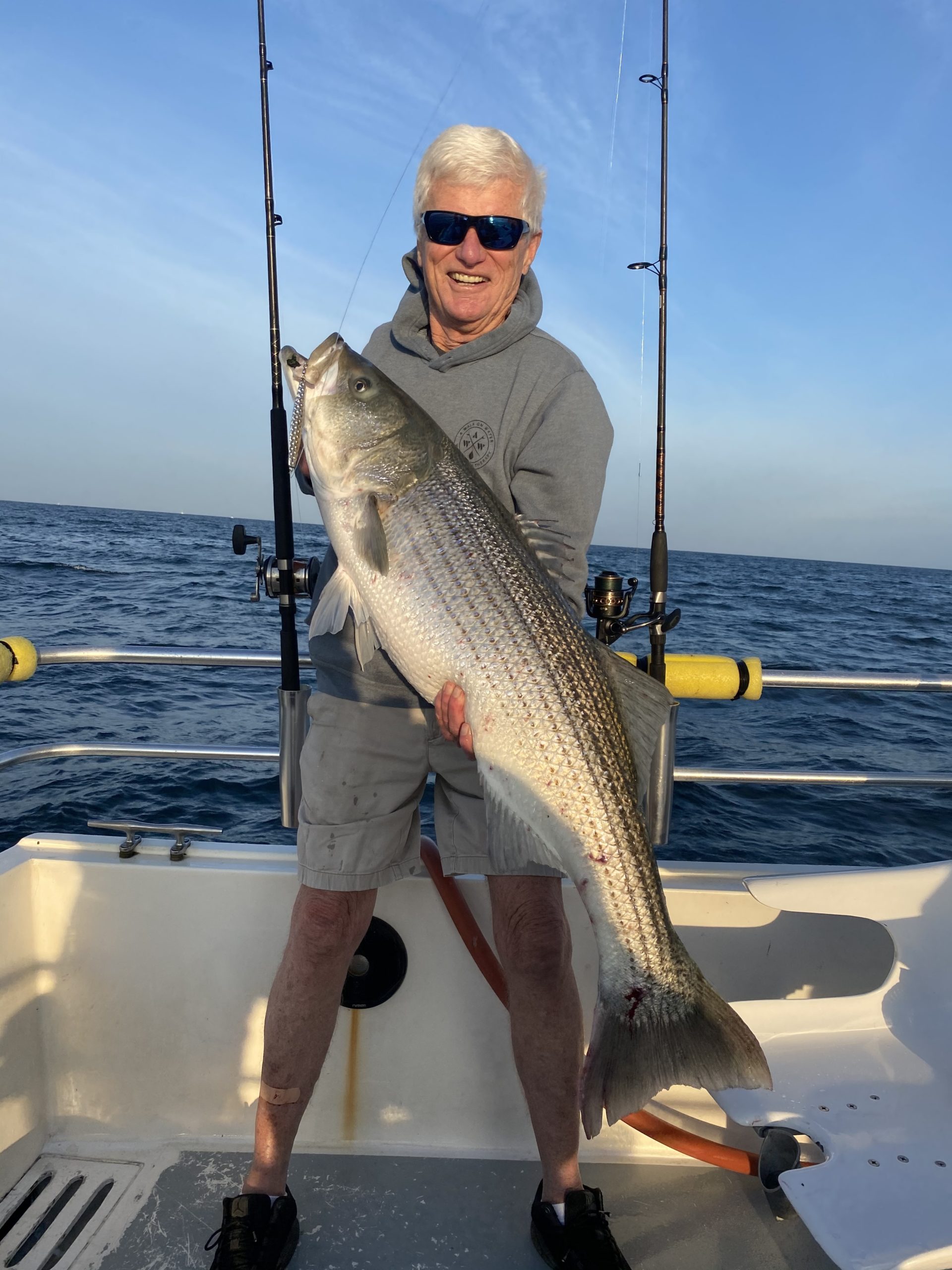 Big striped bass, like this one caught by Robert Becker aboard the Double D charter boat out of Westlake Fishing Lodge, are being caught on diamond jigs and light tackle off Montauk Point.  