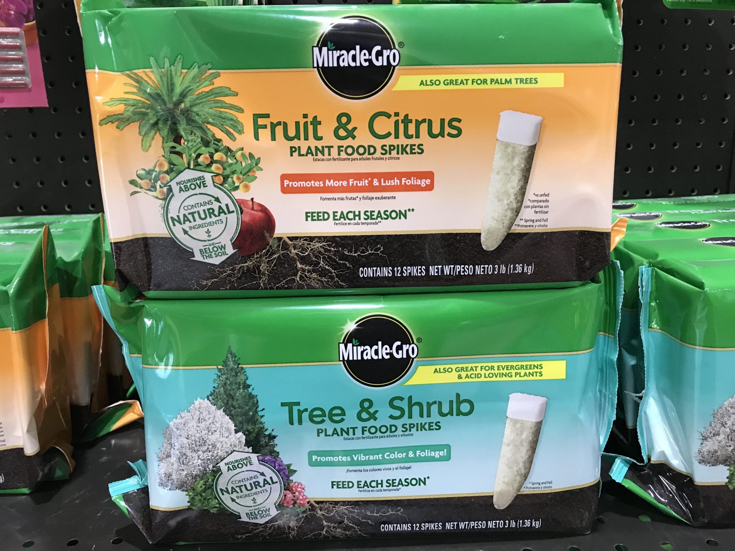 Tree and shrub fertilizer spikes are a good choice for small properties, but they get expensive for larger plantings. Jobe’s and Miracle-Grow are top brands, but there are others. Use the provided plastic caps when driving the spikes into the ground and follow the directions.