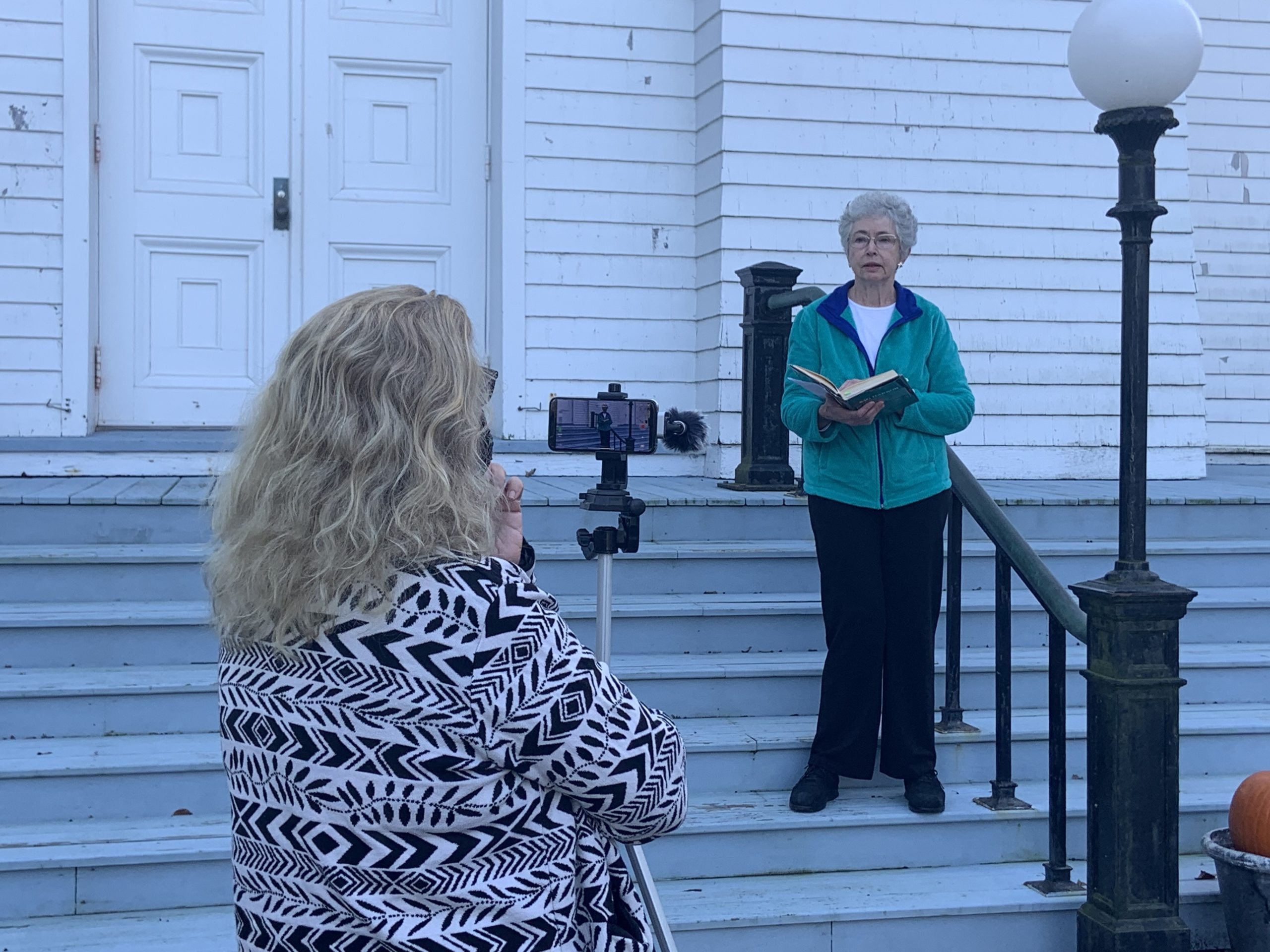 Nancy Remkus films Nancy Cory at the Old Whalers' Church as part of her series for the Sag Harbor Historical Society. STEPHEN J. KOTZ