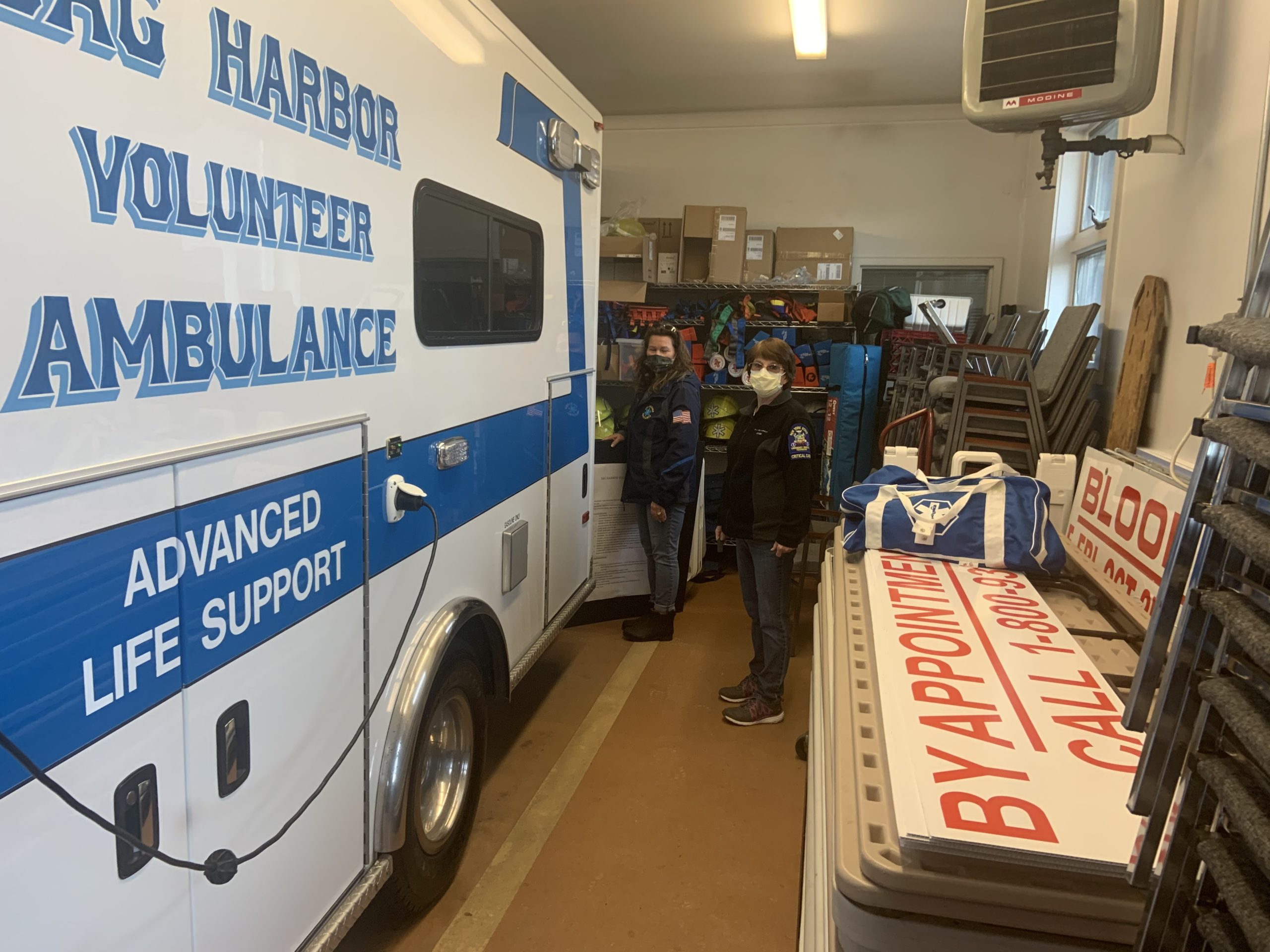 Sag Harbor Volunteer Ambulance Corps Vice President Melissa Hesler, left, and President Deborah O'Brien in the cramped ambulance barn. STEPHEN J. KOTZ